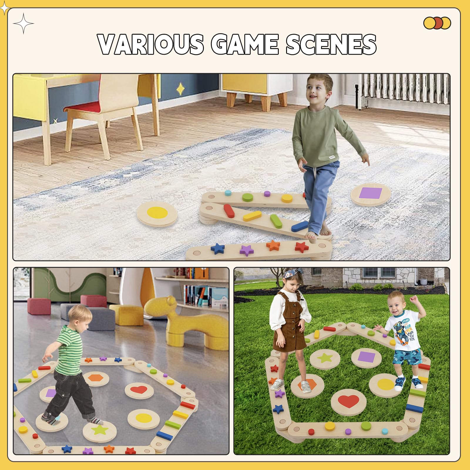 XJD Poutre D'équilibre En Bois – Set Avec 6 Poutres + 6 Pierres Colorées, Jouet Montessori Intérieur/extérieur