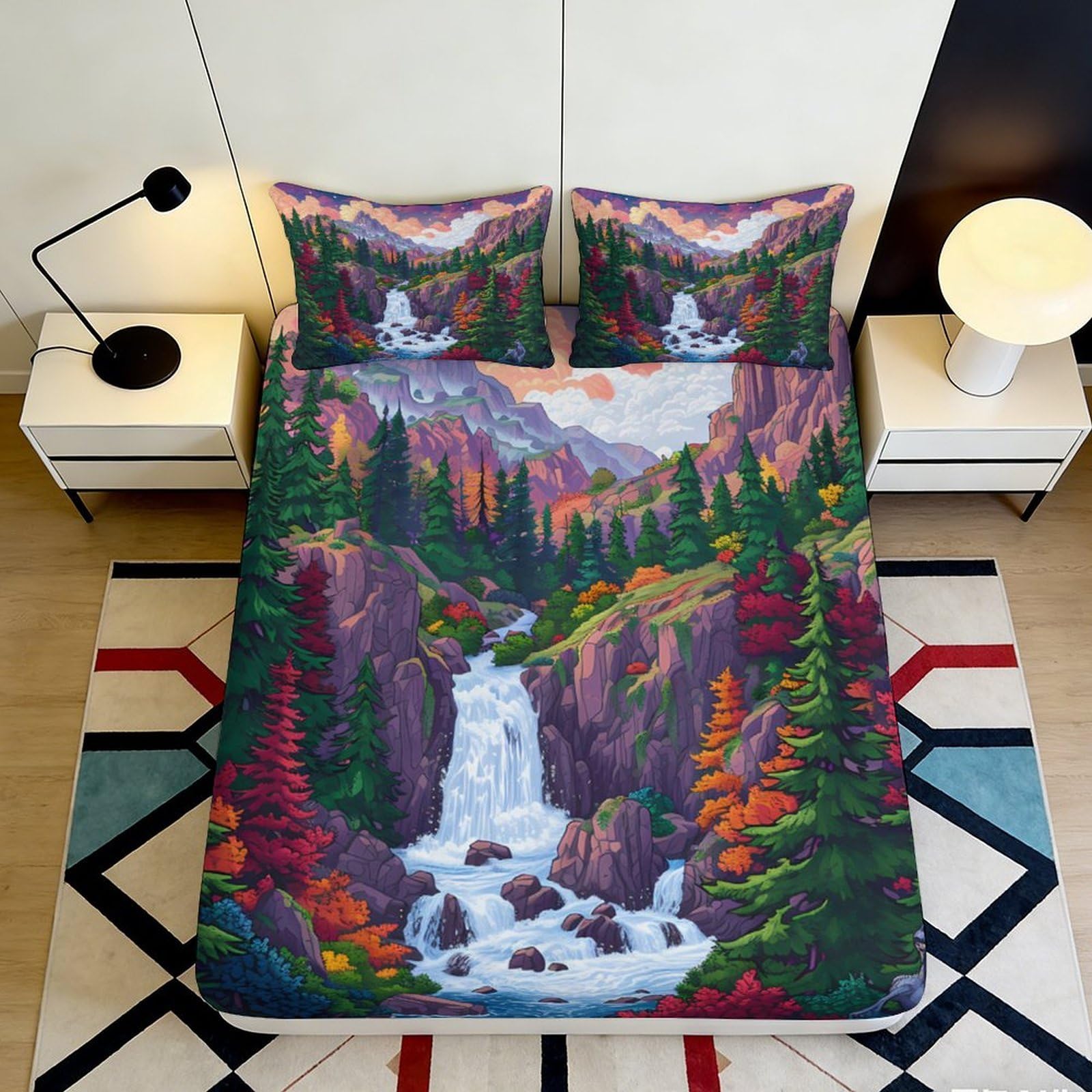 3D Printed Mountain Waterfall Fitted Sheet Microfiber Autumn Landscape Bed Cover for Bedroom Guest Room Decor 90x200x25cm