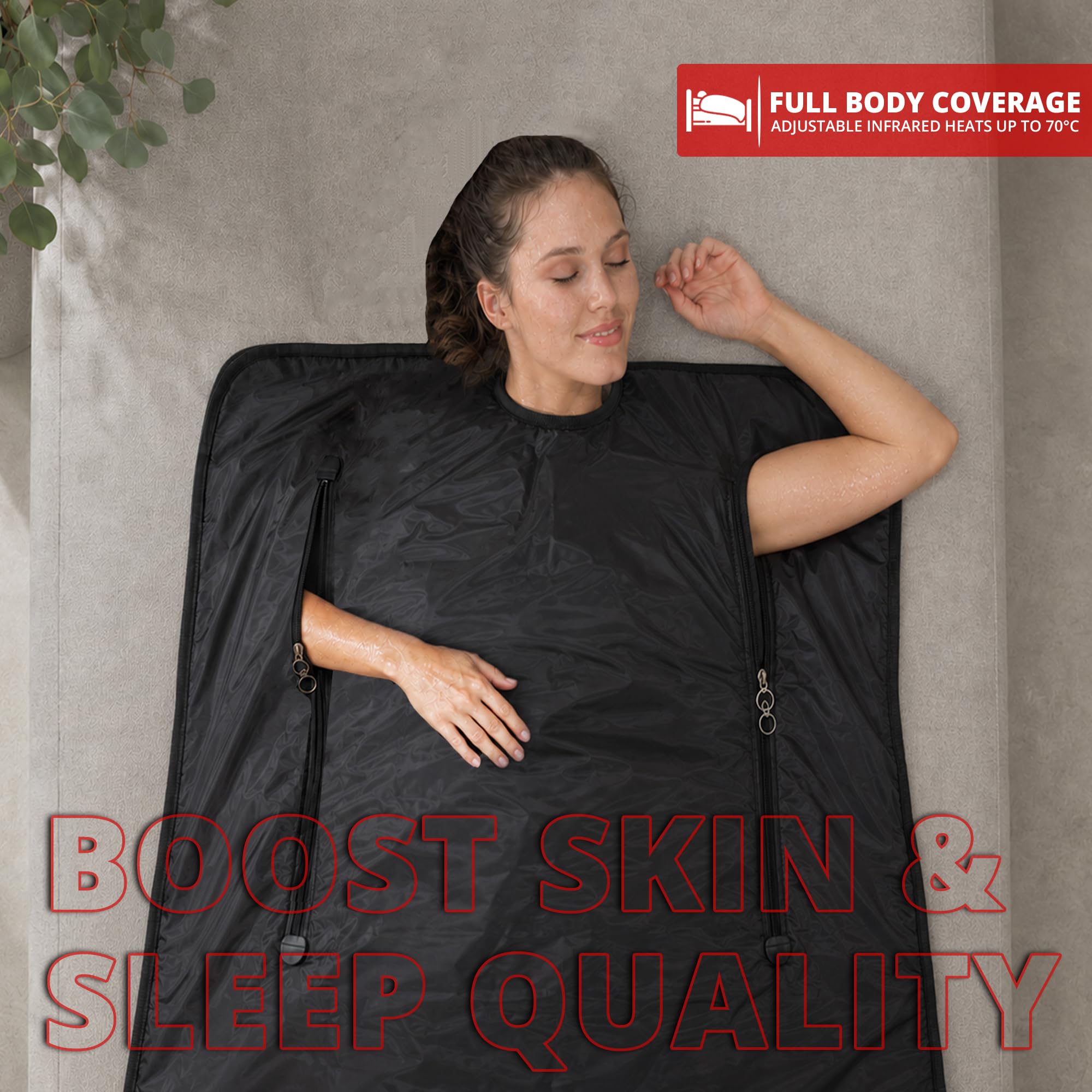 MAXSTRENGTH Koc do sauny na podczerwień do odchudzania i detoksykacji, regulacja temperatury 35-70°C, 180 x 160 cm, domowy koc do terapii spa dla relaksu i regeneracji mięśni (czarny, na całe ciało