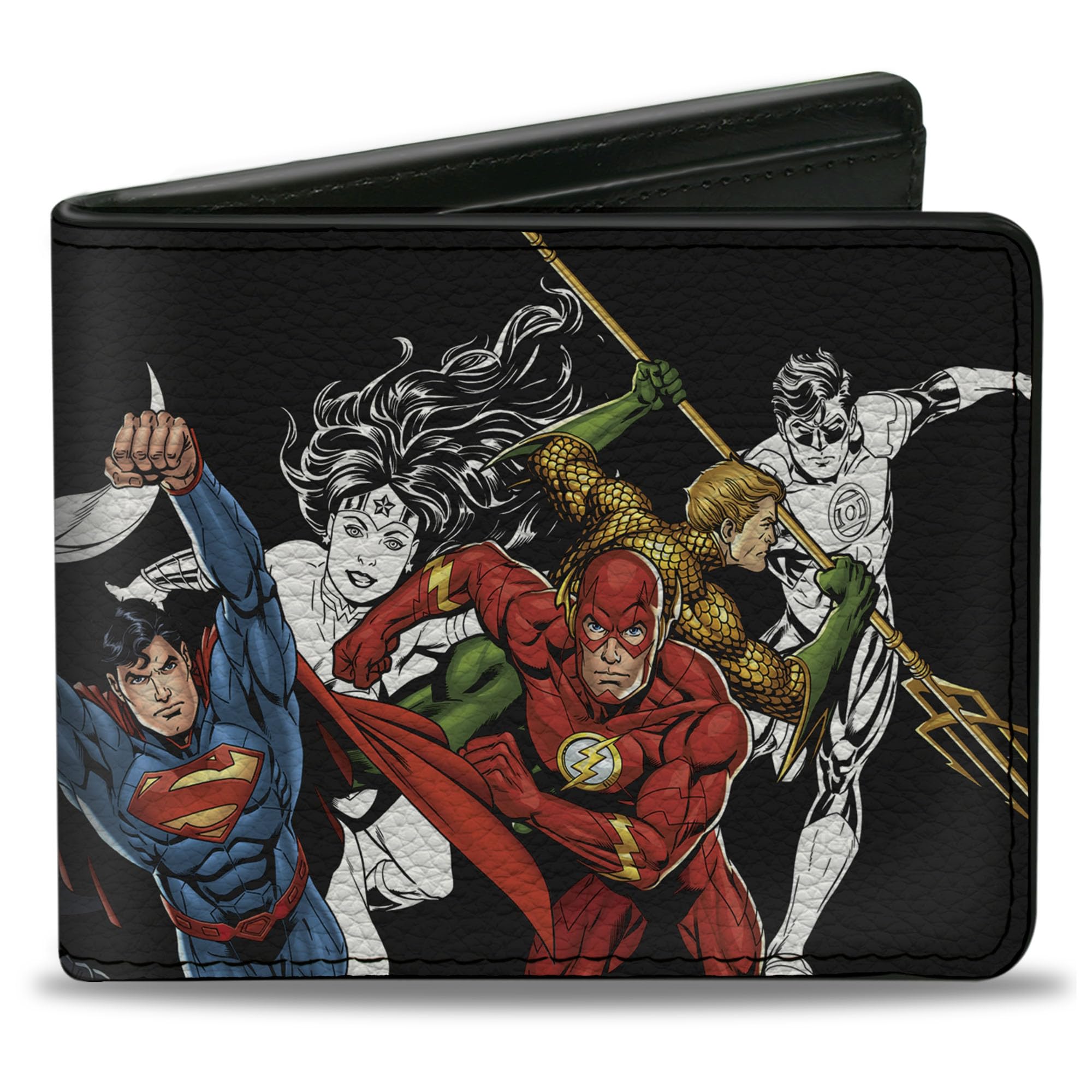 Buckle-Down Men's DC Comics Wallet, Bifold, Justice League New 52 Superhero Action Poses Multi Color, Vegan Leather, 4.0