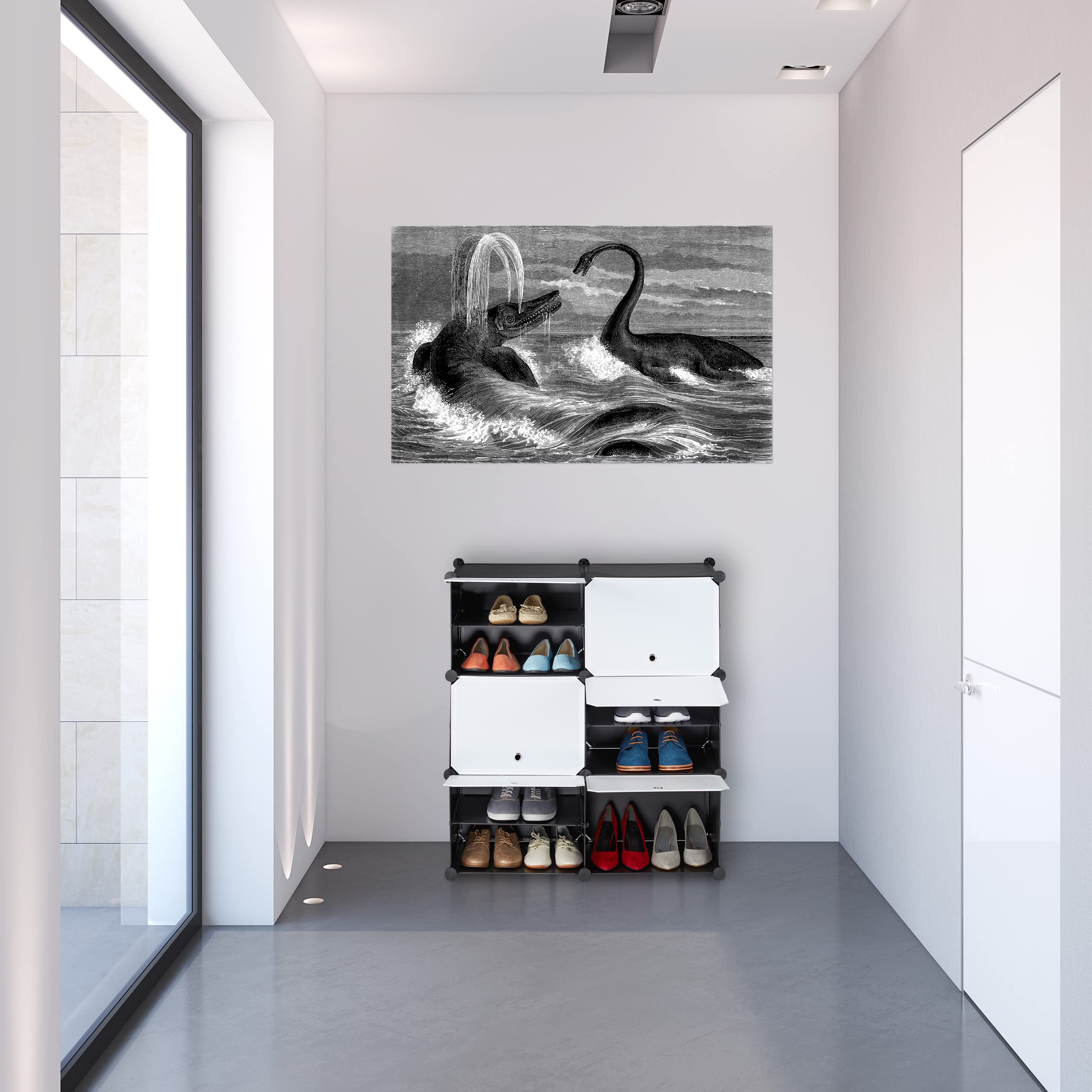 Relaxdays Scarpiera in Plastica, 12 Scomparti Chiusi, Ante, Scaffale Porta Scarpe, Componibile, 95x85x32 cm, Bianco/Nero