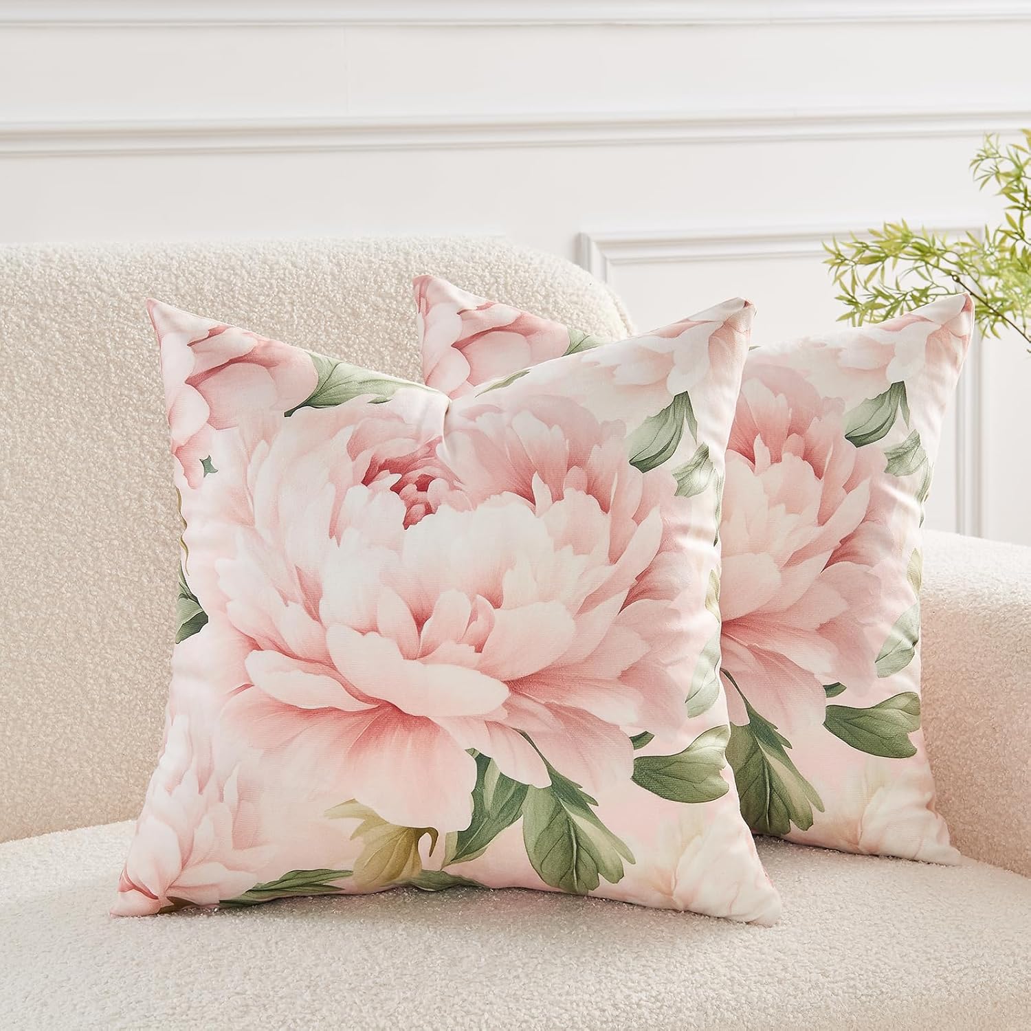 Pink Floral Throw Pillow Covers 22x22 Set of 2, Decorative Peony Flower Cushion Cases, Soft Plush Pillow Covers for Farmhouse Sofa Couch Bed Home Decor