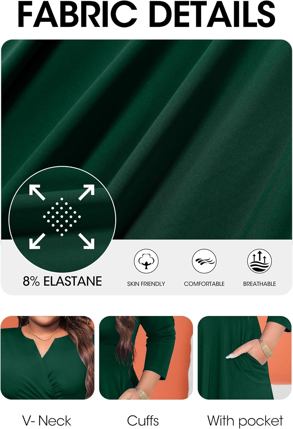 Runwind Women’s Plus Size Midi Dress 3/4 Sleeve Fit and Flare Cocktail Dresses Casual V-Neck Dress with Pockets - Image 6