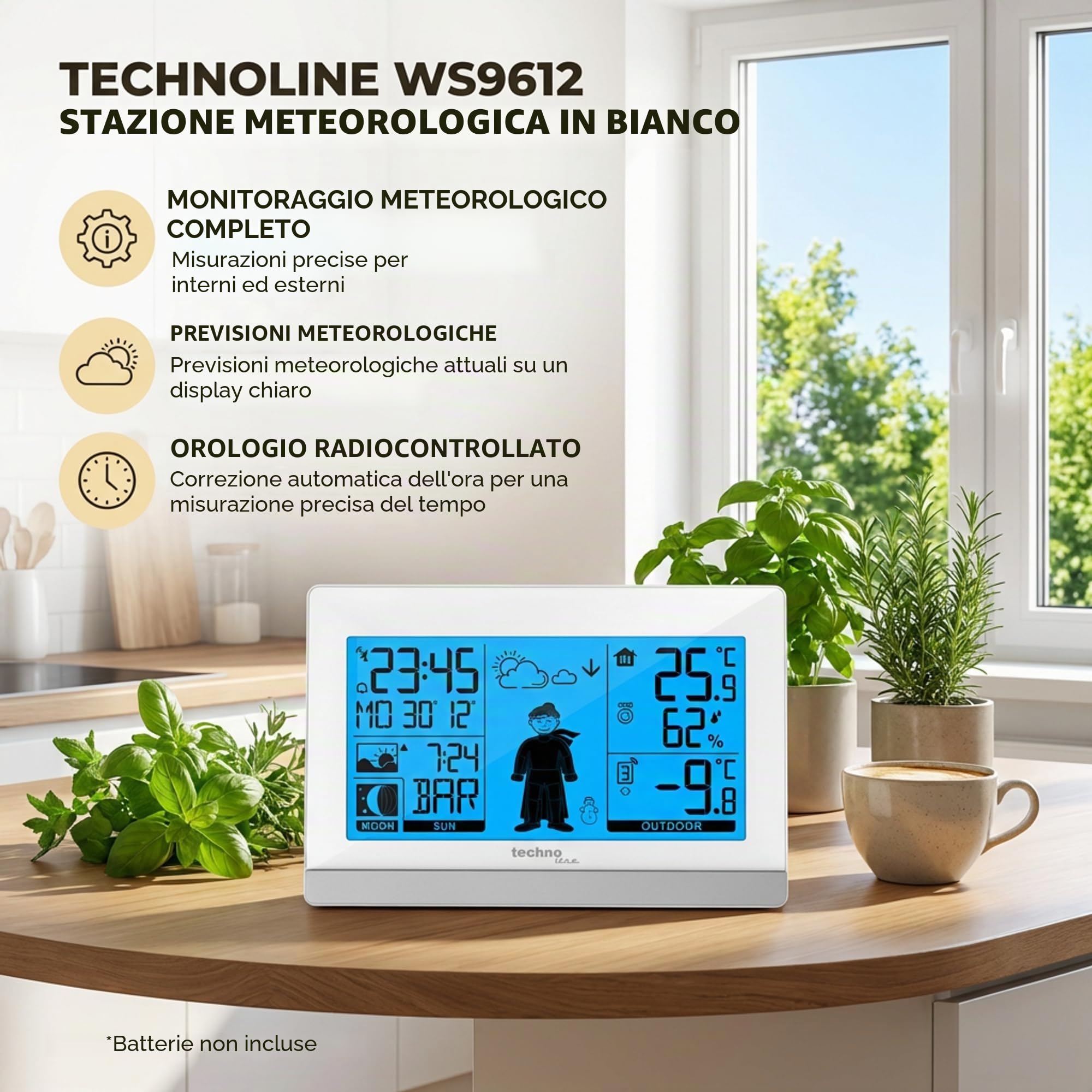 Technoline WS9612 in bianco, con temperatura interna ed esterna, previsioni meteo, orologio radio