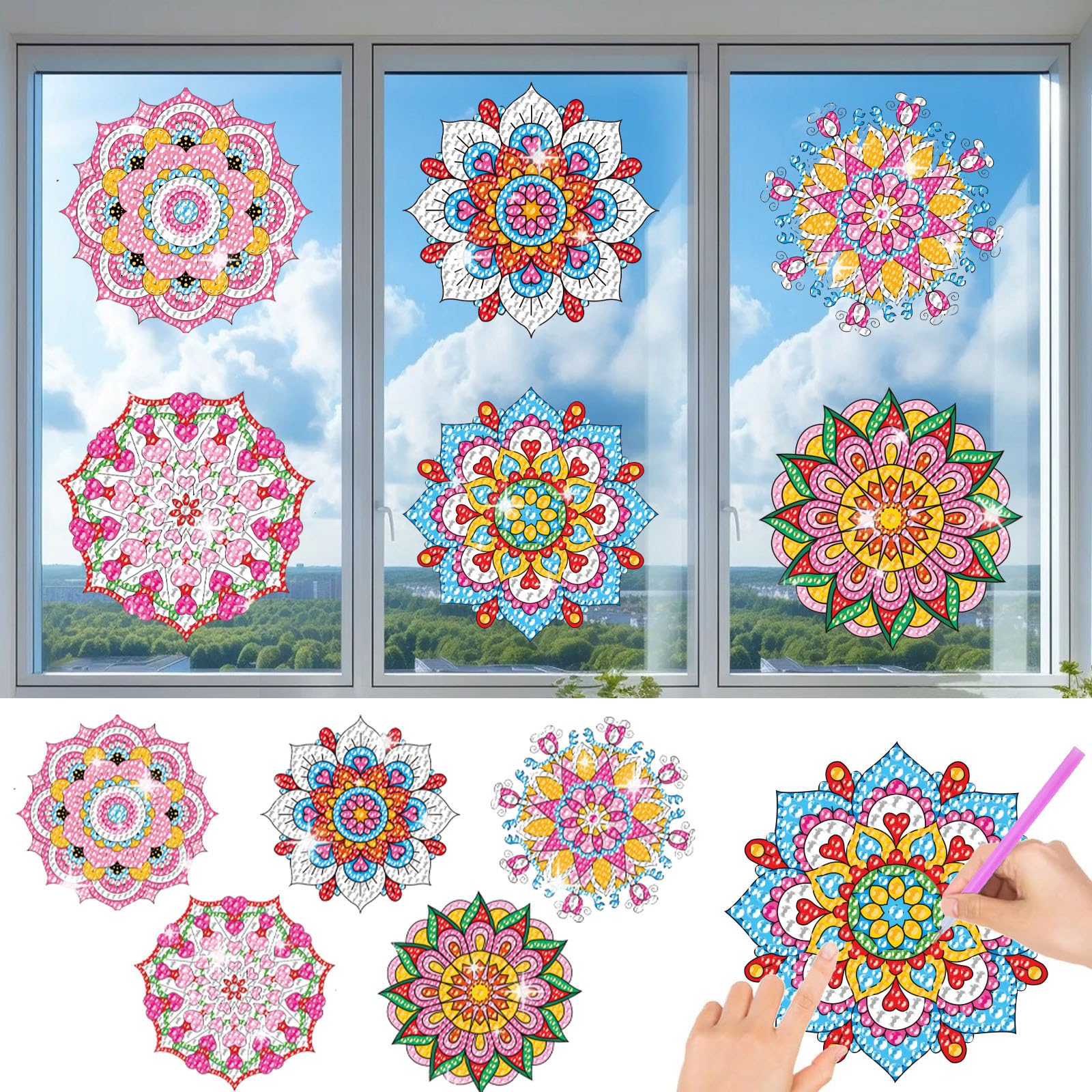 ACSAUMMY DIY Diamond Art Window Clings, 6pcs Mandala Suncatchers Reusable Stained Glass Decals 5D Diamond Art Painting Static Window Stickers, Gem