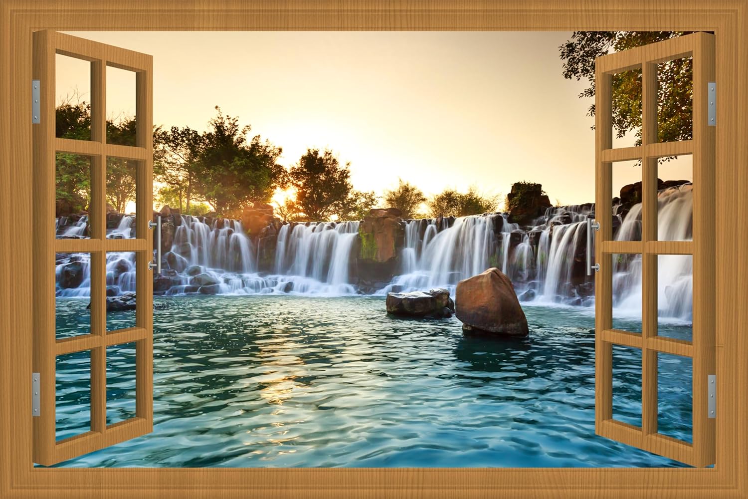 Fake Window for Walls Faux Window Decal Windows Poster Picture Open Window Wall Art Decor, Stick and Peel Wallpaper Nature Wall Decol Forest Lake Scene Mural, 48"x72"