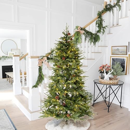 Miniatura 12 de Glitzhome Árbol de Navidad artificial de abeto verde preiluminado de 7 pies con soporte de metal de fácil montaje, 9 árboles de Navidad artificiales