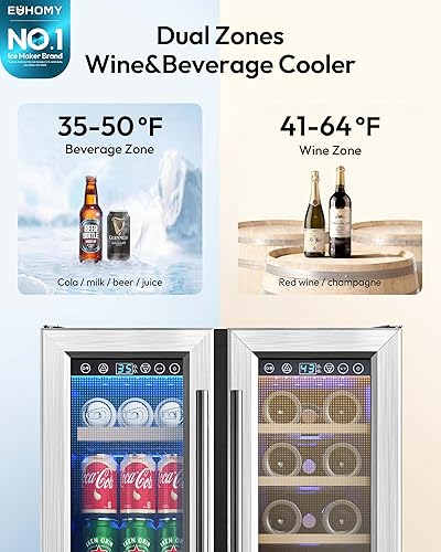Miniatura 2 de EUHOMY Refrigerador de vino y bebidas, enfriador de vino de doble zona de 24 pulgadas con puerta de vidrio que contiene 21 botellas y 88 latas,