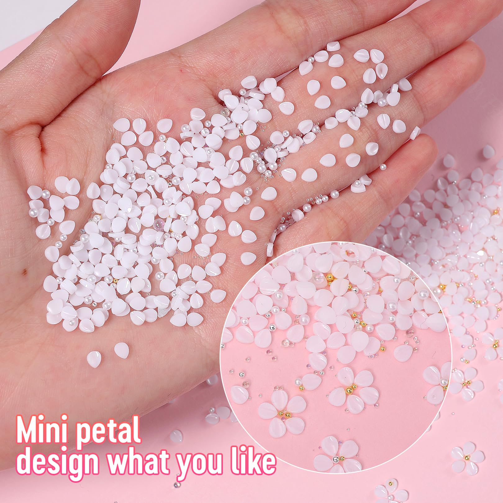 800 fiori bianchi 3D per unghie, fiori acrilici 3D per unghie, perline per unghie, gemme per unghie e strass floreali, strass, petali, cristalli acrilici, ciondoli per unghie