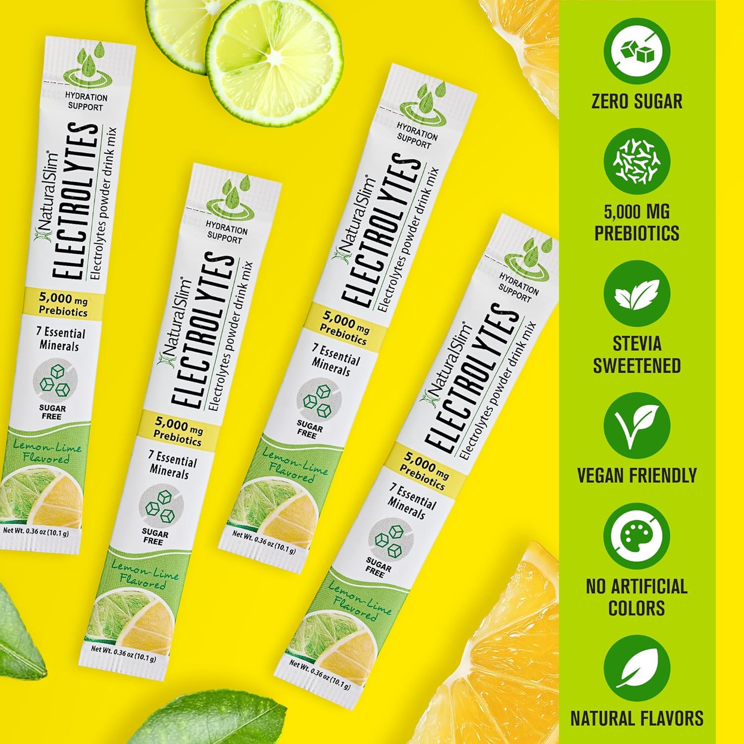 NaturalSlim Hydration & Energy Drink Mix with Prebiotics, Gut Health Support, Electrolytes Powder Packets, Sugar-Free Electrolytes, 16 Stick Packs, Lemon Lime Flavored