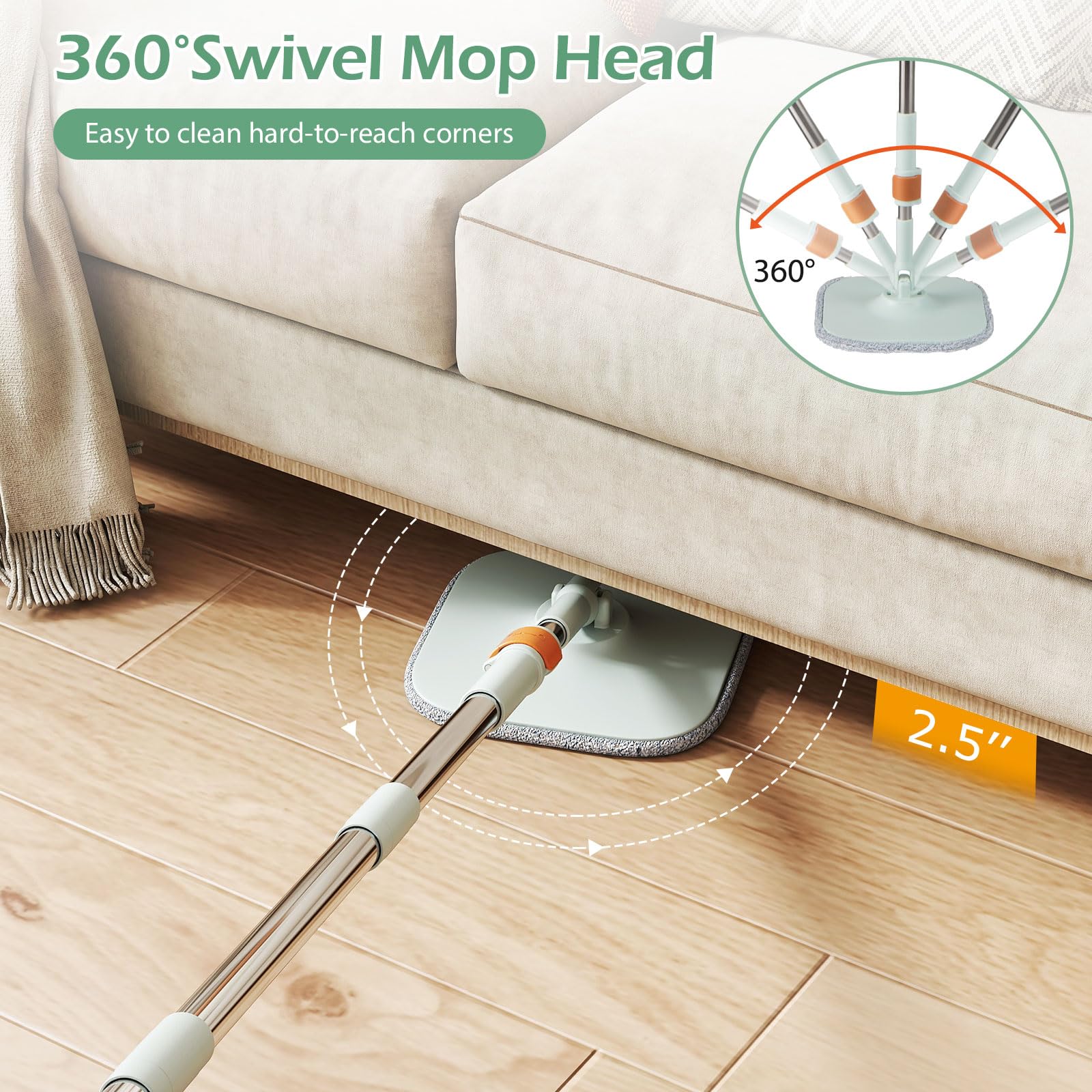 GIANTEX Set Mocio con Secchiello Doppio Vasca, Strizzacervelli 360°, Separazione Acque, Panni Riutilizzabili per Pulizia Pavimenti Domestici (Verde Chiaro)