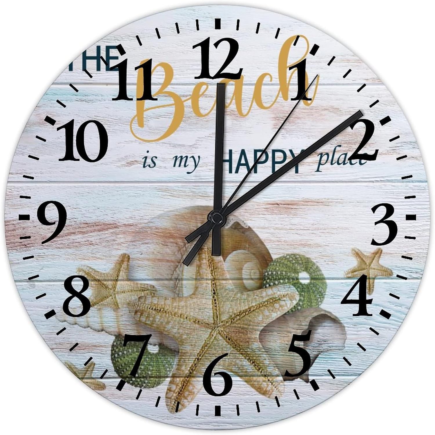 Wall Clock The Beach is My Happy Place Starfish Wooden Board Backdrop Vintage Wall Clock Battery Operated Quartz Analog Quiet Arabic Numbers Home Beach Round Clock for Living Room Office 15 Inch