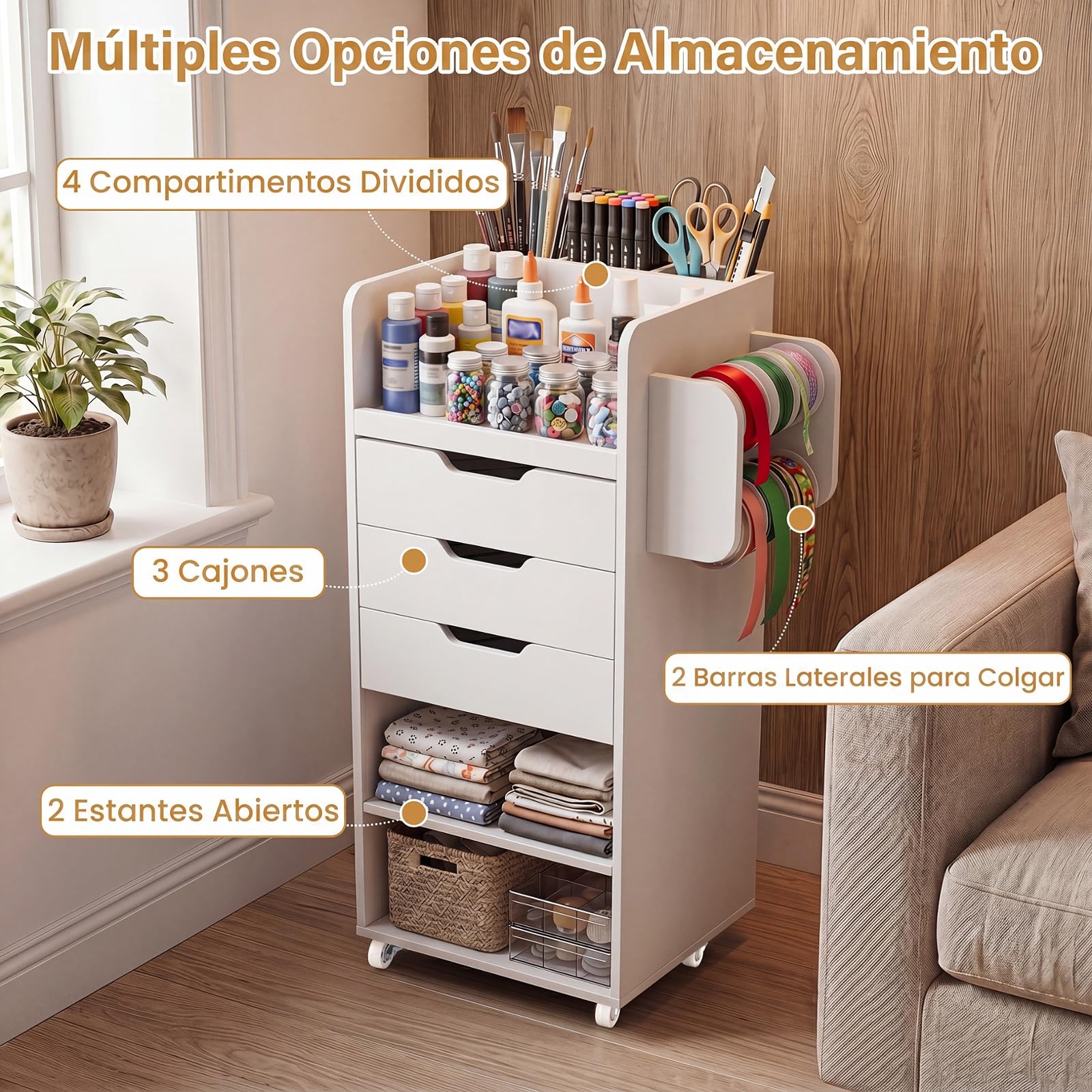 COSTWAY Carrito Utilitario con Ruedas para, 48,5 x 33 x 85 cm (Blanco) | Carrito Auxiliar para Manualidades con Estantes Abiertos, 3 Cajones y 3 Compartimentos, Carro Multiusos para Manualidades