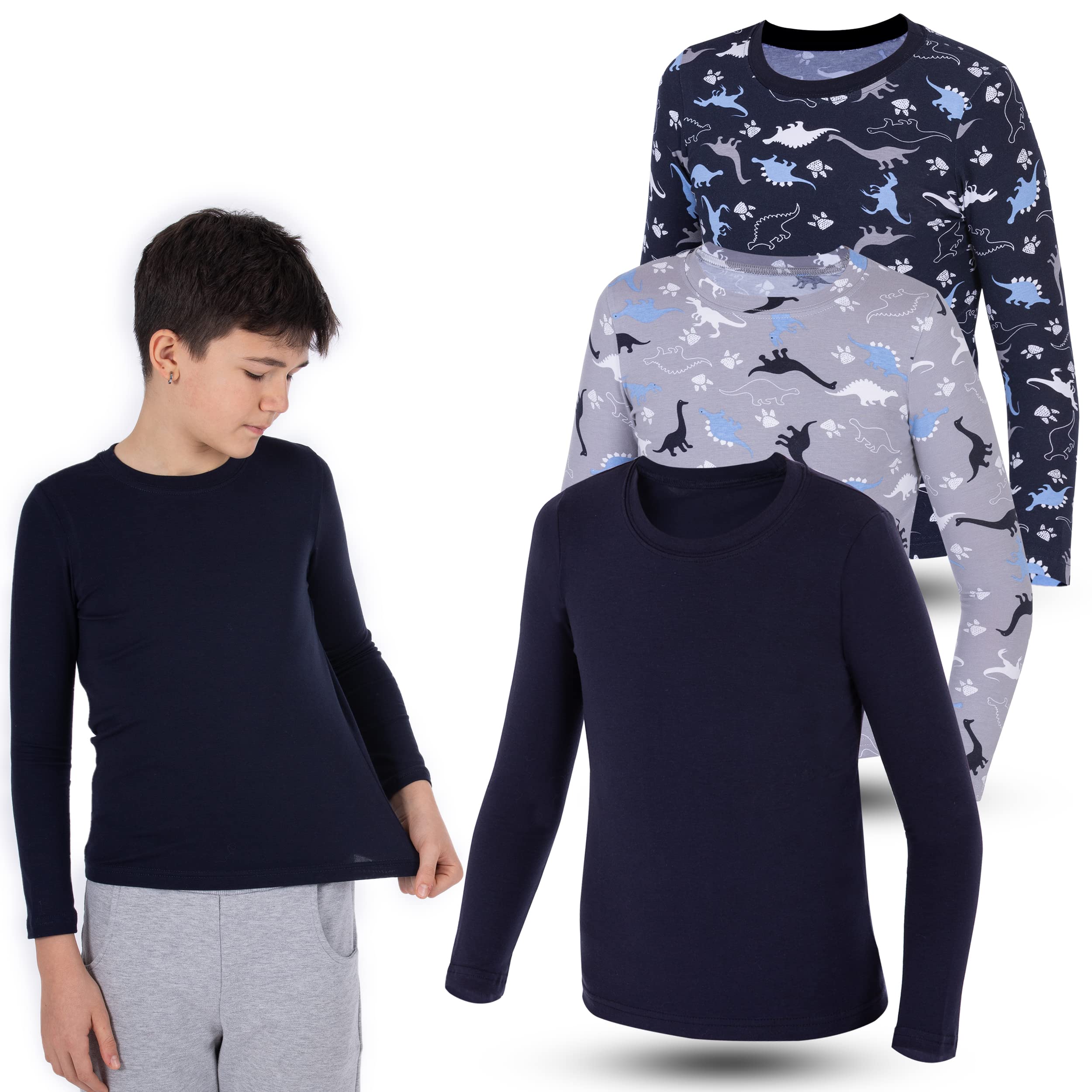 LOREZA ® 3 sous-vêtements Manches Longues Dinosaures Enfants Garçons sous-Vetements Maillots de Corps Chemise