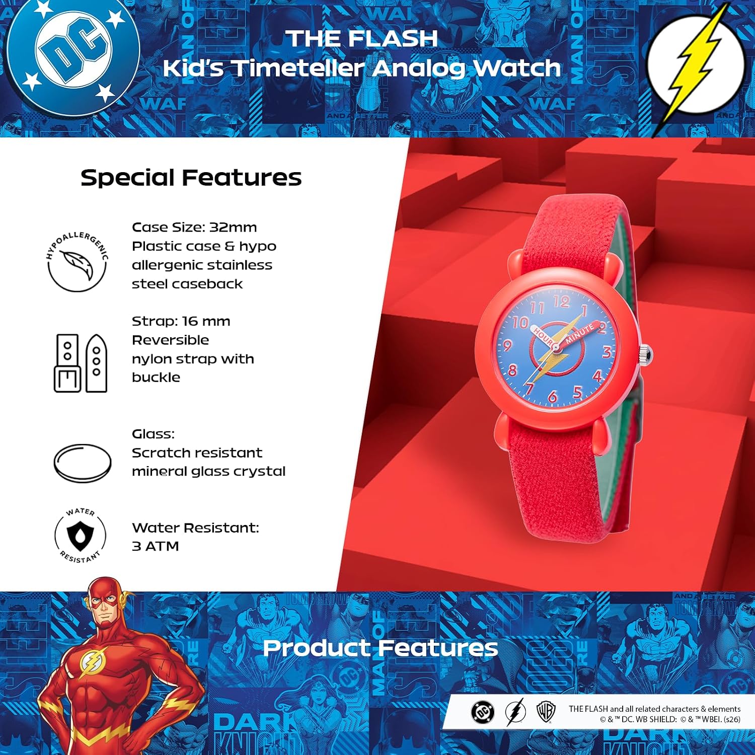 DC Comics The Flash Watch for Kids Ages 4–7 – Featuring Lightning Bolt Hero Dial with Easy-Read Hour & Minute Hands – The Flash Watch for Boys, DC Comics Toys