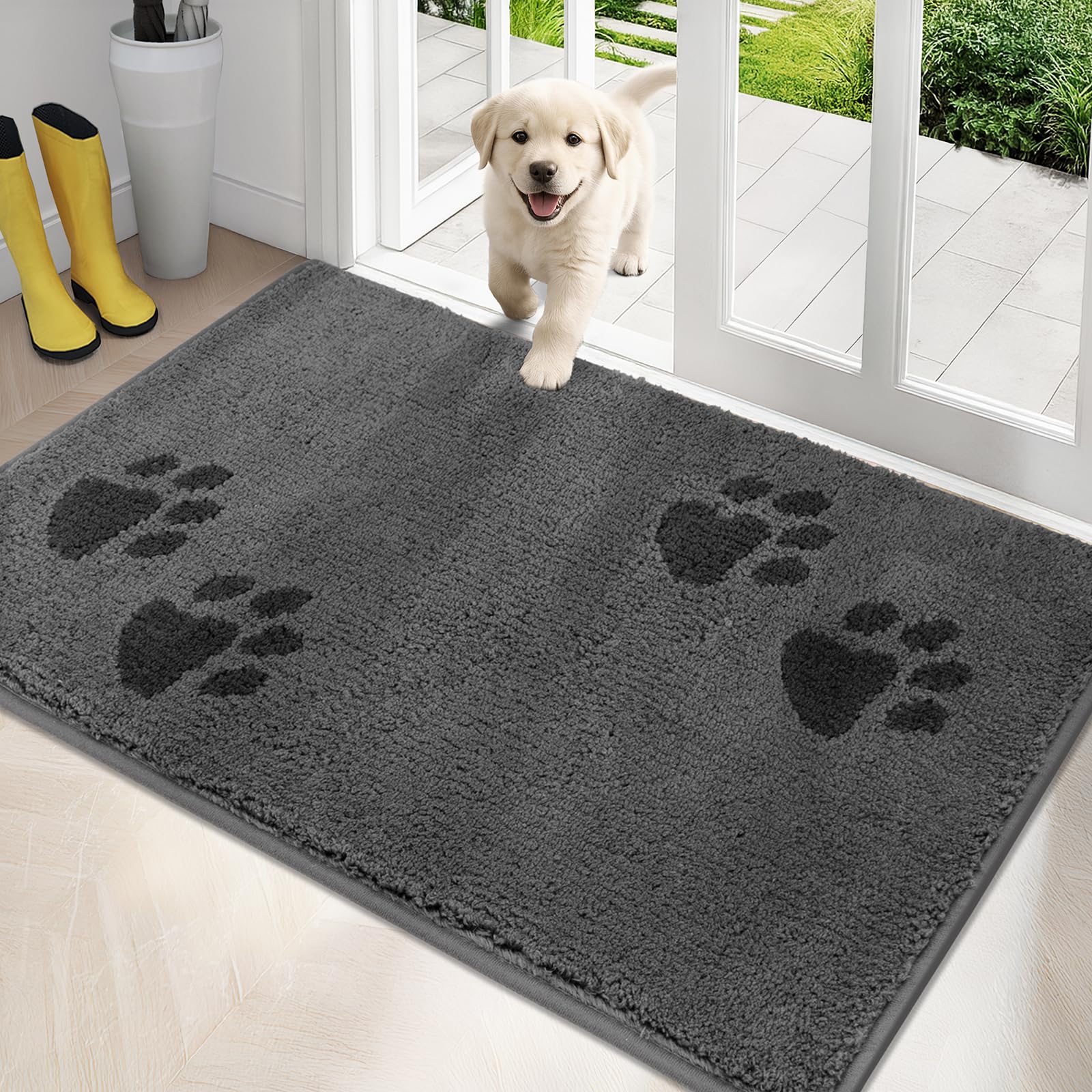 PURRUGS Dirt Trapping Door Mat 34" x 59", Non-Skid/Slip Machine Washable Microfiber Entrance Rug, Shoes Scraper, Dog Doormat, Super Absorbent Floor Mat for Muddy Wet Shoes and Paws, Grey