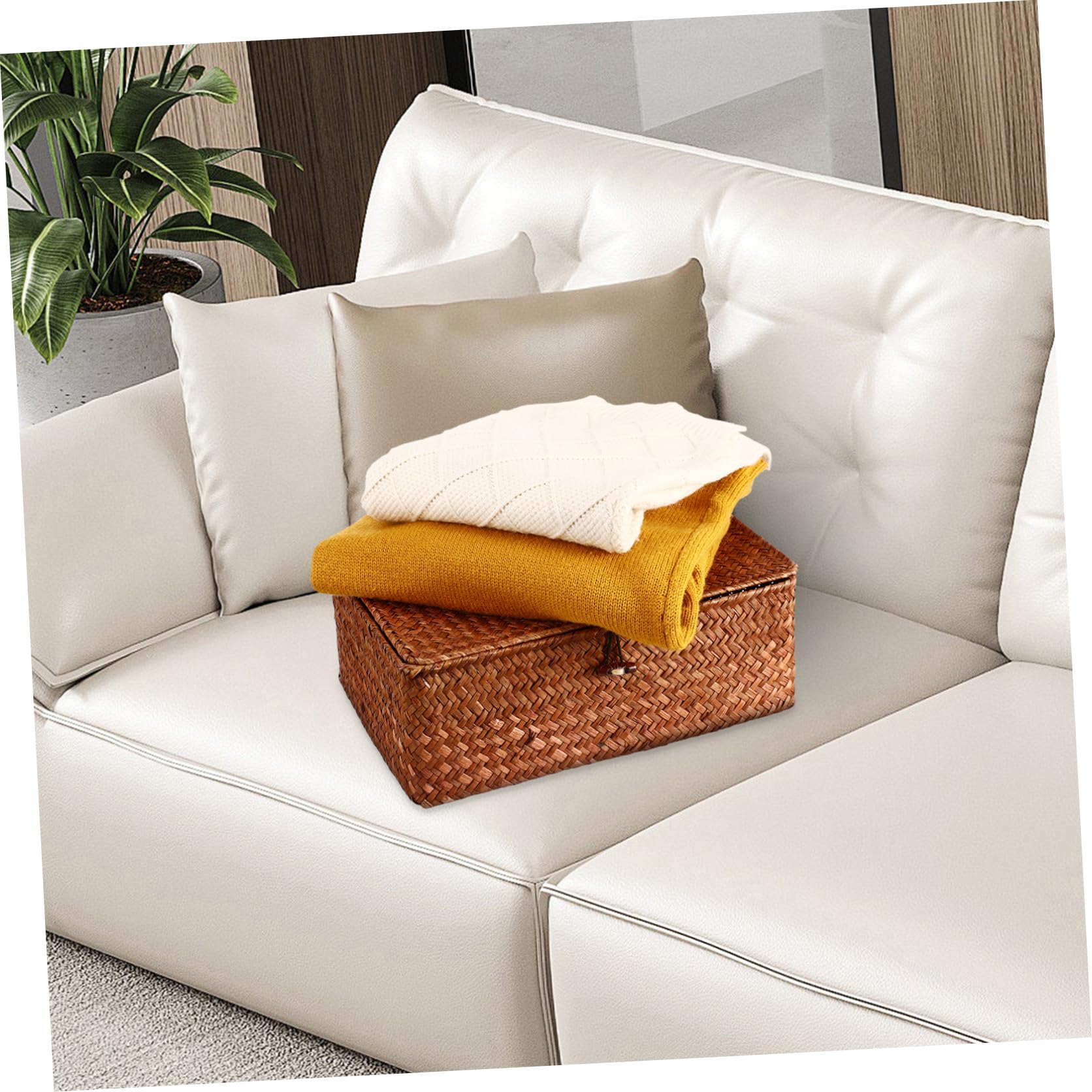 Cesti Intrecciati in Alga Marina e Design Unico a Mano Set di 3 con Coperchio, Scatole Portaoggetti Classificate Finitura Liscia per Shower e Compleanno