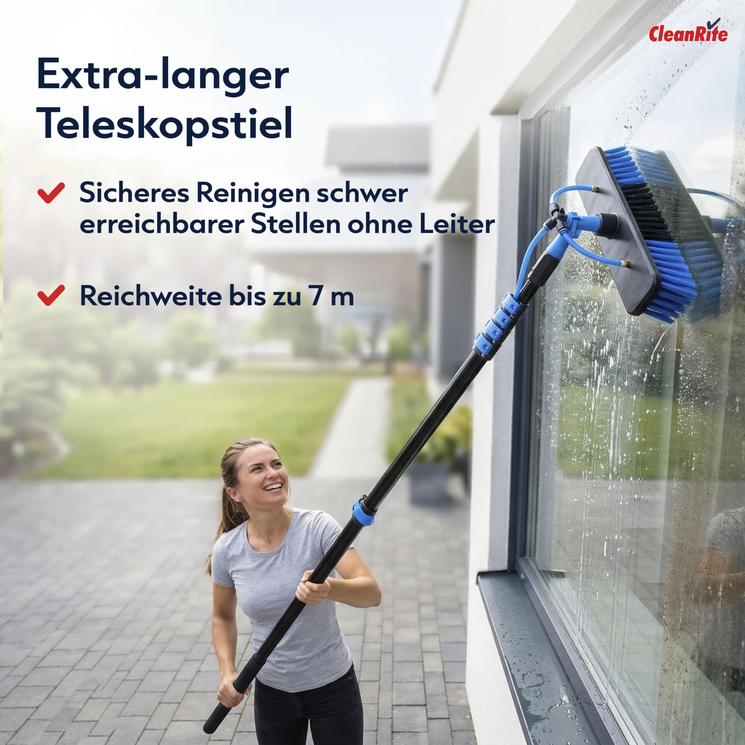 CleanRite® Teleskop Waschbürste 7m extra lang mit Wasseranschluss | Teleskopbürste mit Wasseranschluss | PV Reinigungsbürste Teleskop Set | Terrassendach Reiniger & Dachrinnenreiniger | Schwarz