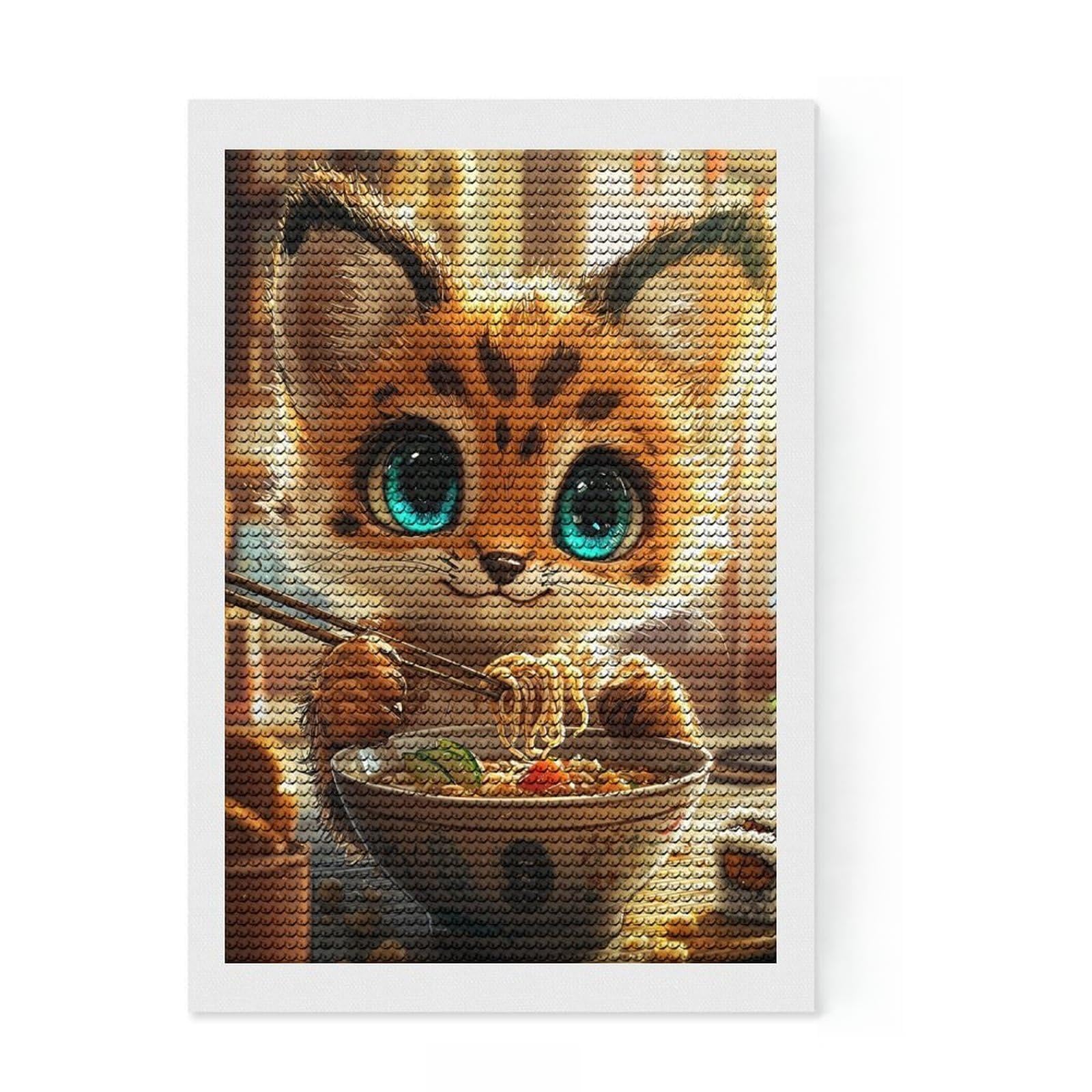 Junmoney Cute Cat Eating Ramen Round Drill Diamond Painting 8"x12", with Tool Kit, Easy to Follow Symbols, Farmhouse Decor, for Craft Lovers