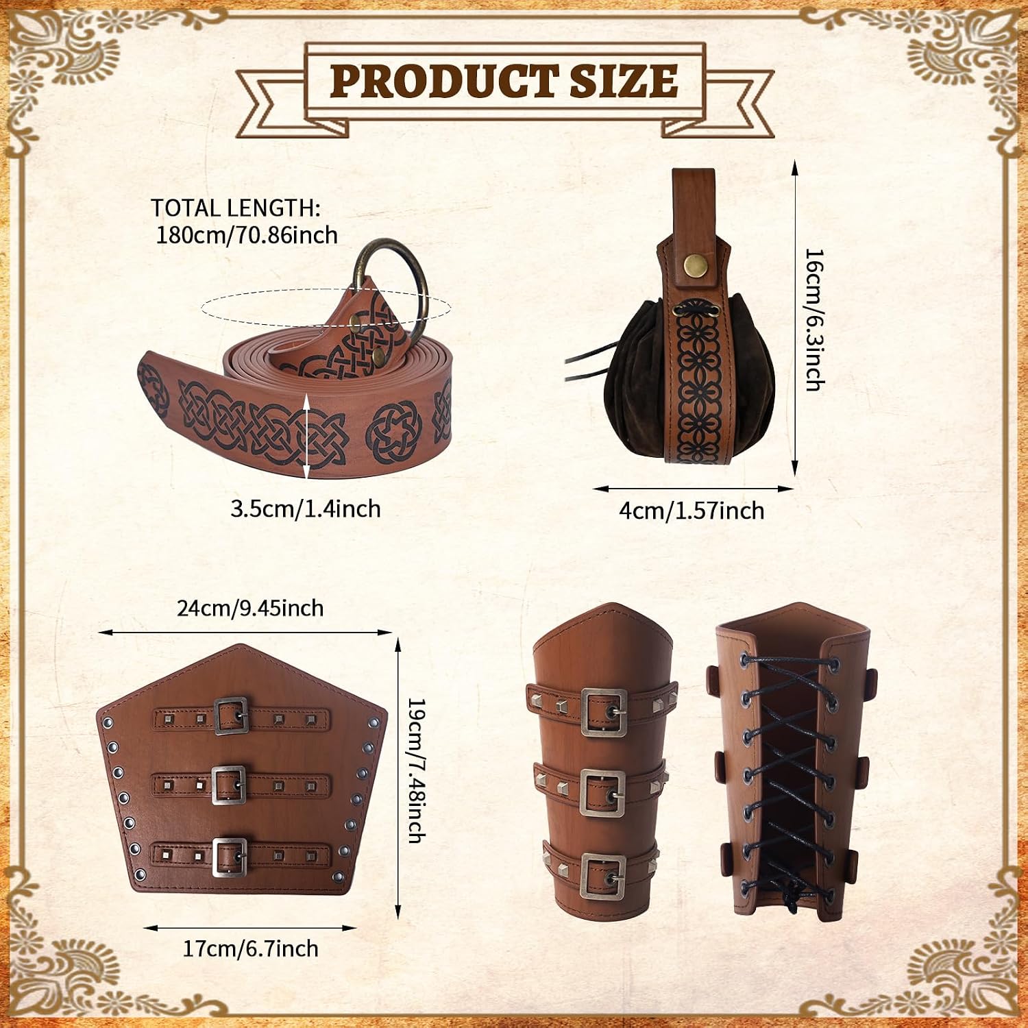 3Pcs Mens Renaissance Accessories Set, Medieval Accessories Viking Belt, Waist Bag, Leather Bracers for Cosplay Party