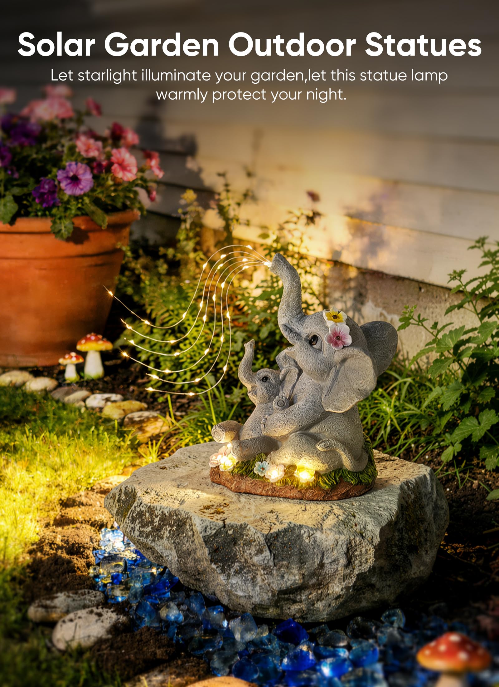 Brightown Brightown Solar-Elephant-Garden-Decor-Statue with Succulent & Watering LED Lights, Waterproof Outdoor Decor for Patio, Lawn, Balcony & Yard Decorations Outdoor, Unique Mothers Day Gifts for Mom Women in use