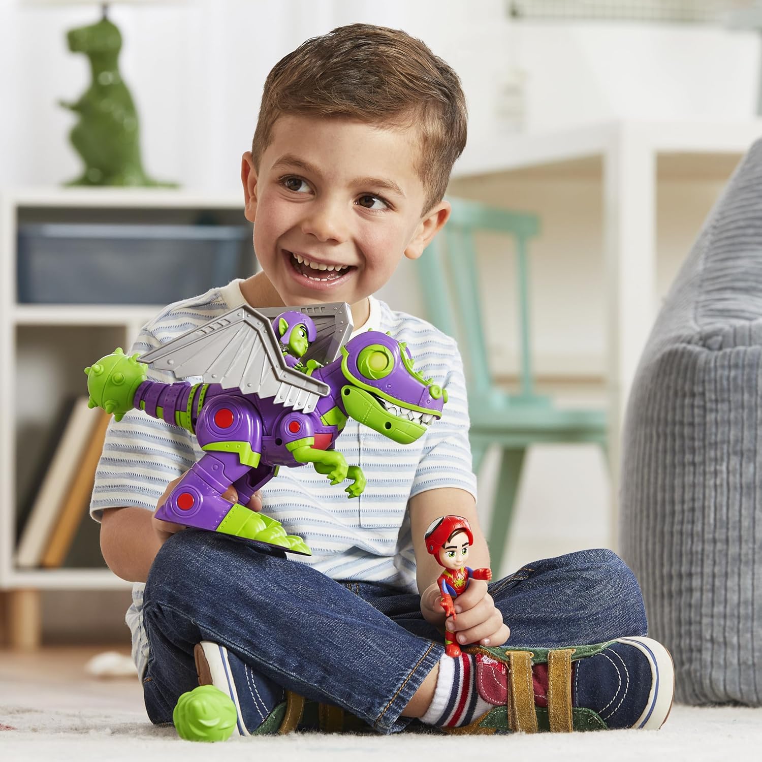 Marvel Spidey and His Amazing Friends Dino-Webs Goblinsaurus Mech Pack, 2 Action Figures and Dino Mech Suit, Preschool Super Hero Toys for Kids 3+