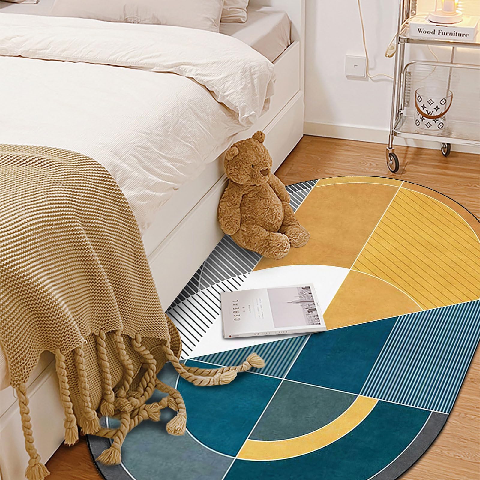 Ovale Tapis Salon Décoration,Blue,90 x 150 cm,Design Moderne Motifs géométriques Bleu Jaune Noir Gris,Tapis Moderne Poils Courts Lavable Intérieur Extérieur,