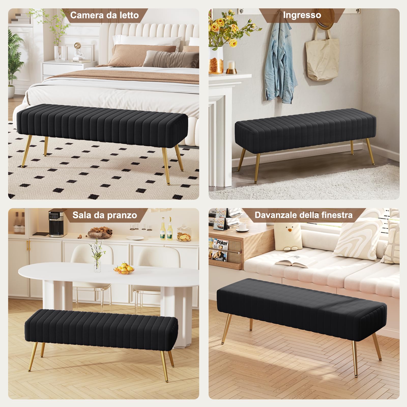 Panca Fondo Letto, Panca Imbottita da Ingresso 113.5x36.5x43cm, Sgabello per Scarpe in Velluto Poggiapiedi Cassapanca con Gambe in Metallo per Camera da Letto Ingresso Corridoio Soggiorno, Nero