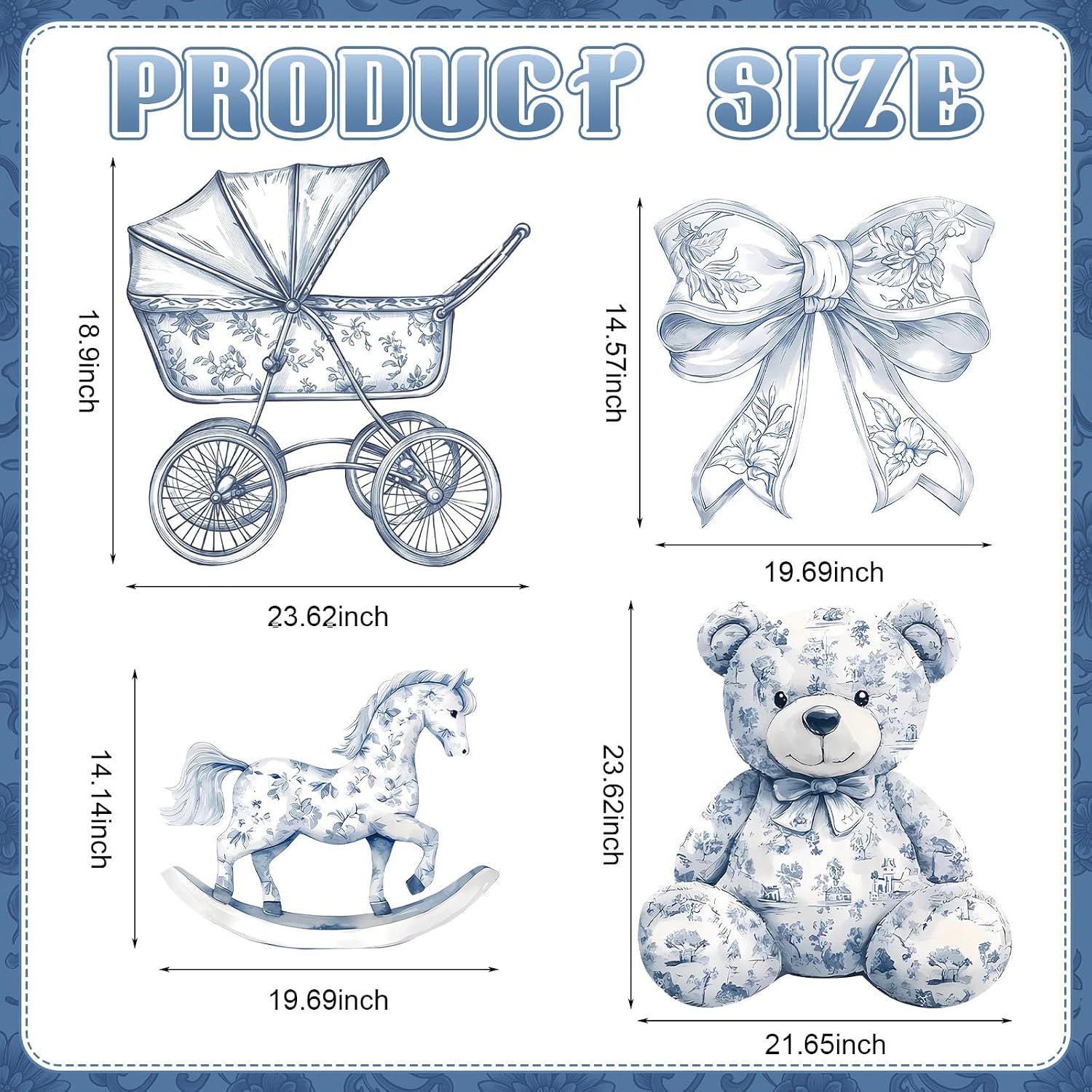 4 Pcs Blue Toile De Jouy Cardboard Cutout Standup Life Size Baby Shower Decorations, Vintage Floral Cardboard Cutouts for Gender Reveal Birthday Party Photo Backdrop Favors