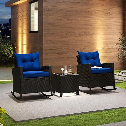 Miniatura 8 de KOTEK Juego de 3 piezas de muebles de patio, mecedoras de mimbre para exteriores y mesa de cristal, juego de conversación de ratán PE para porche,
