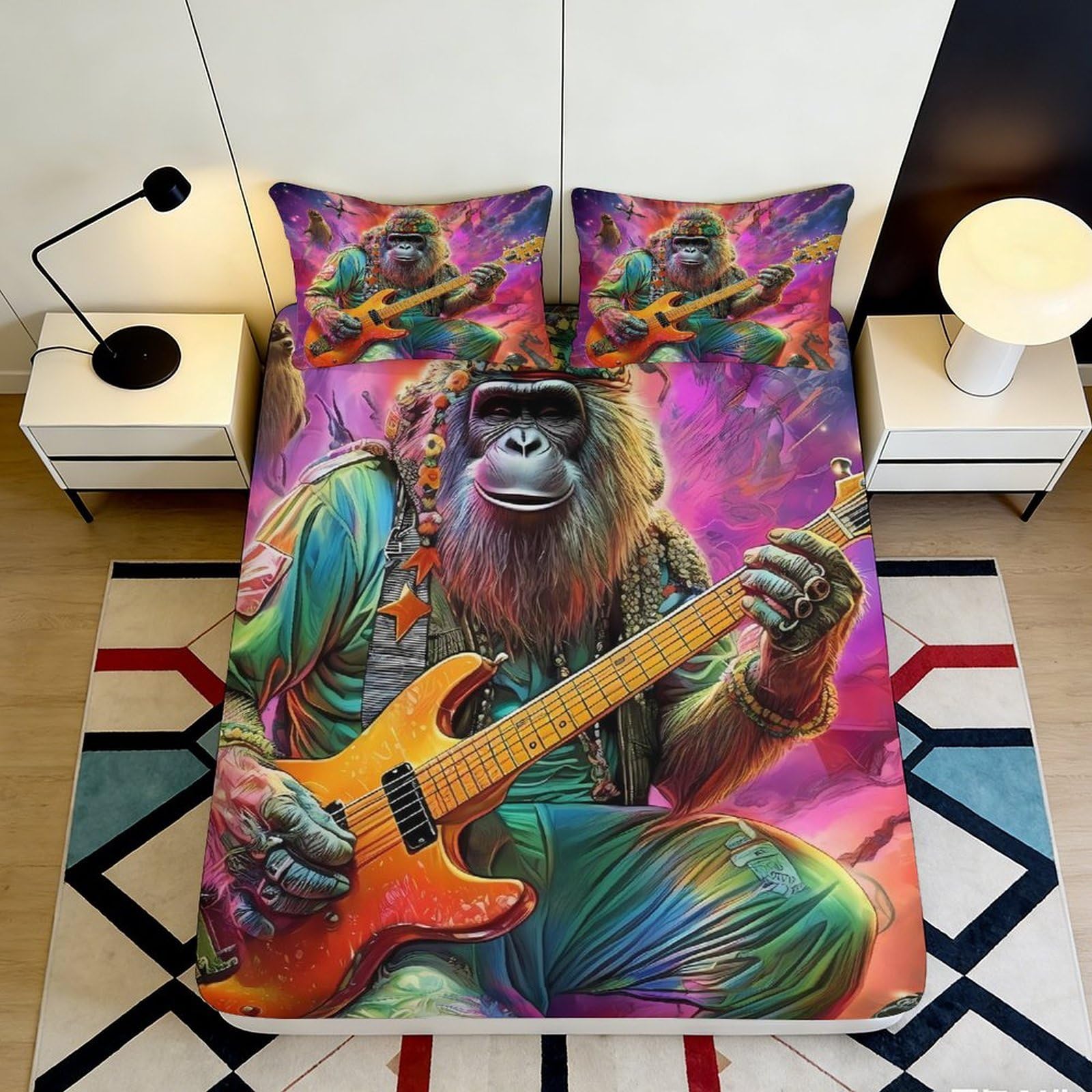 3D Printed Funky Monkey Fitted Sheet Microfiber Deep Pocket Non-Slip Bedroom Bedding Guitar Monkey Mattress Fitted Cover Washable 140x200x25cm