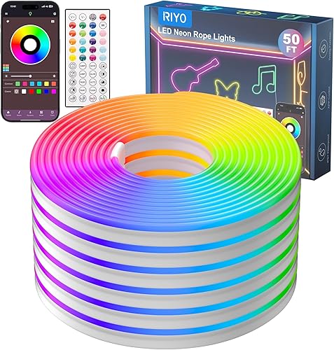 Miniatura 8 de RIYO Tira de luces LED RGB de 20 pies, aplicación y control remoto, sincronización de música, impermeable IP67, luces de neón flexibles para