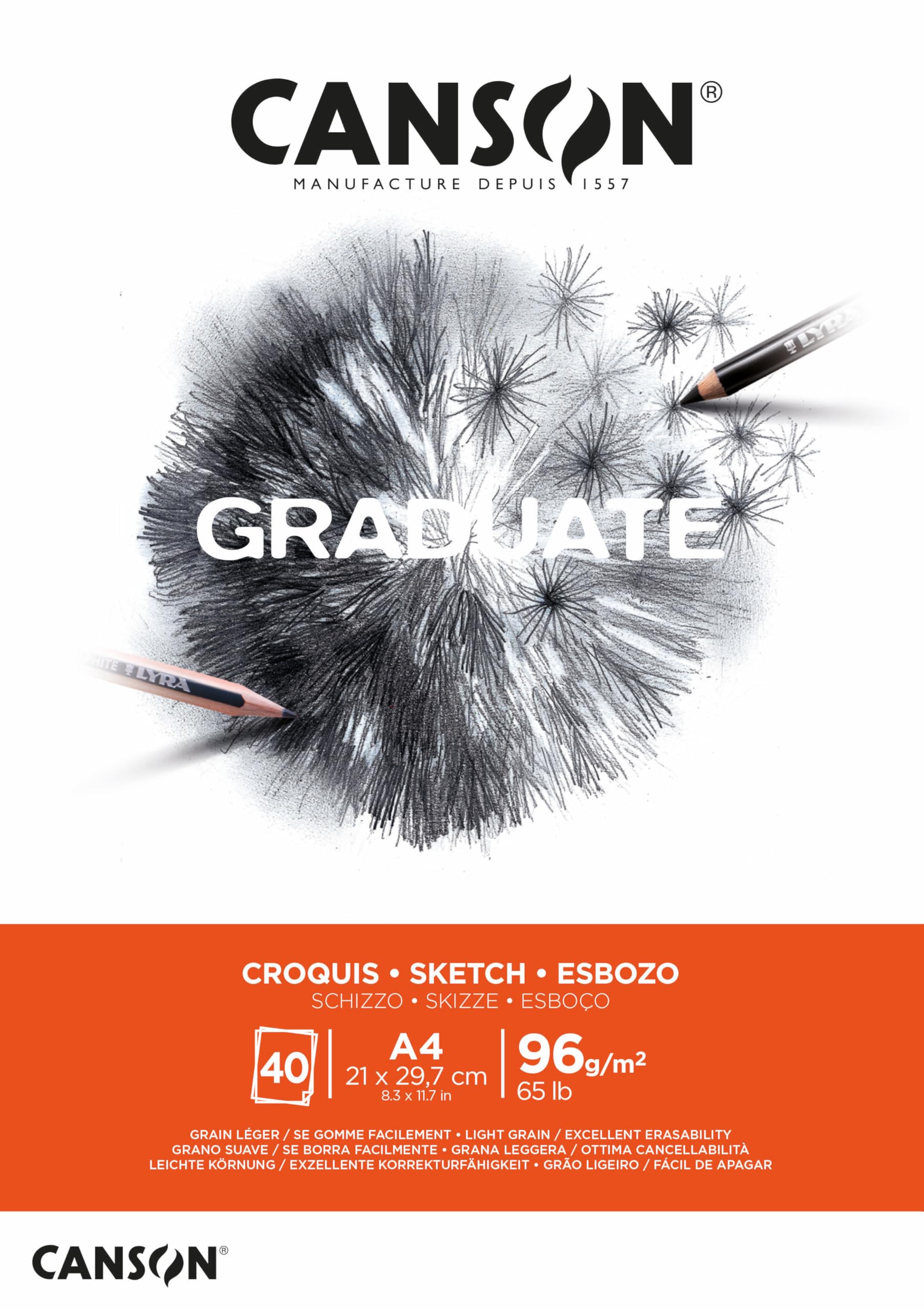 CANSON Graduate Light Grain 96gsm A4 Sketch Paper Pad, Glued Short Side, 40 Natural White Sheets, for Professional Artists & Students