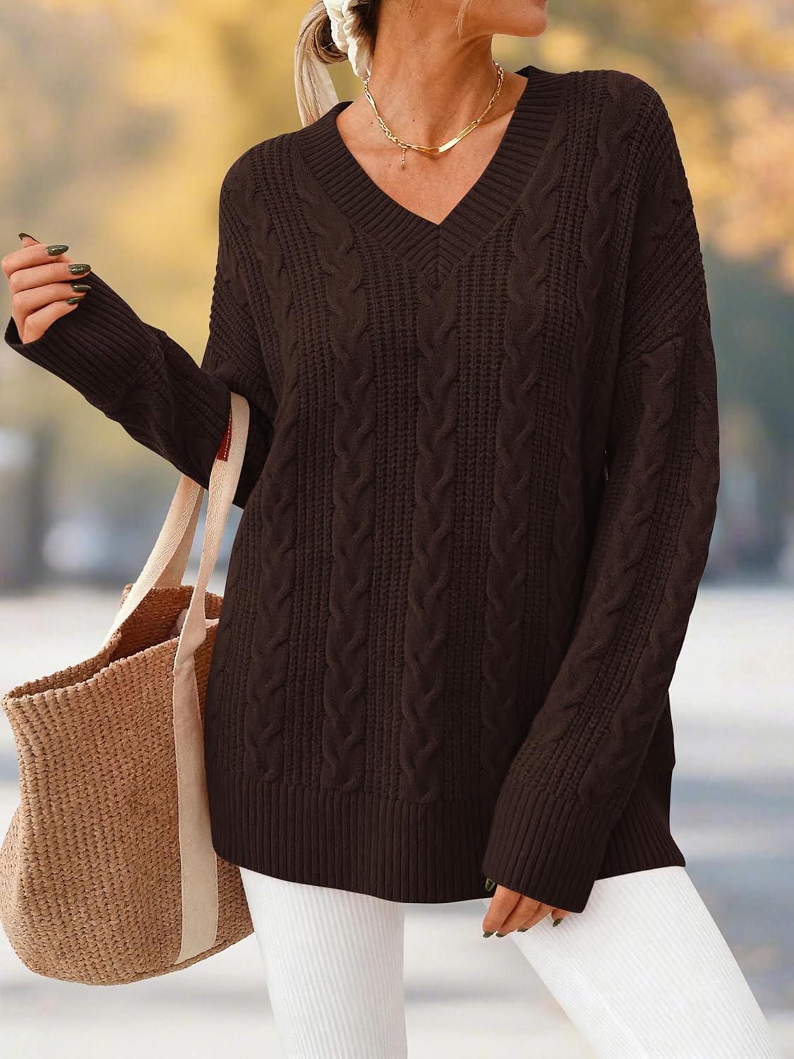 Okiwam Women's Oversized Sweaters Long Sleeve V Neck Cable Knit Pullover Tops Fall Outfits Spring Fashion Clothes 2026 - Image 2