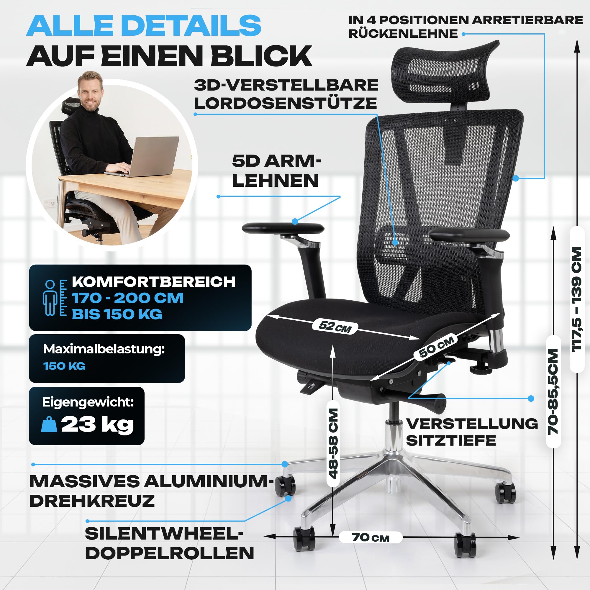 VALKENSTOL M8 Bürostuhl Ergonomisch Testsieger für Grosse Menschen, Breite Sitzfläche Schreibtischstuhl, Office Chair mit Lordosenstütze, Verstellbare Rückenlehne für Gesundes Sitzen Chefsessel 150kg