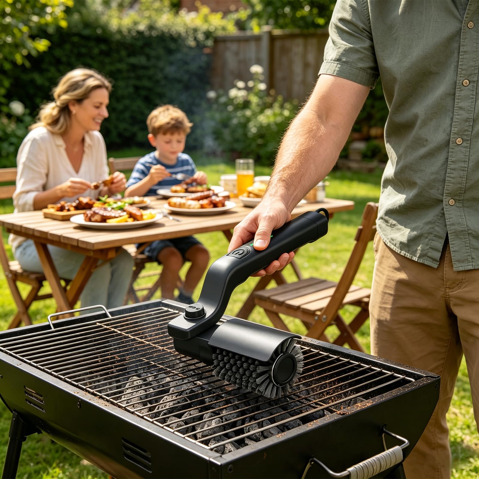 Spazzola elettrica per barbecue, pulitore senza fili per BBQ con testa orientabile a 180°, pulizia a 3 livelli, spazzola per griglia 2-IN-1 con batteria, IPX7 impermeabile, testina in acciaio