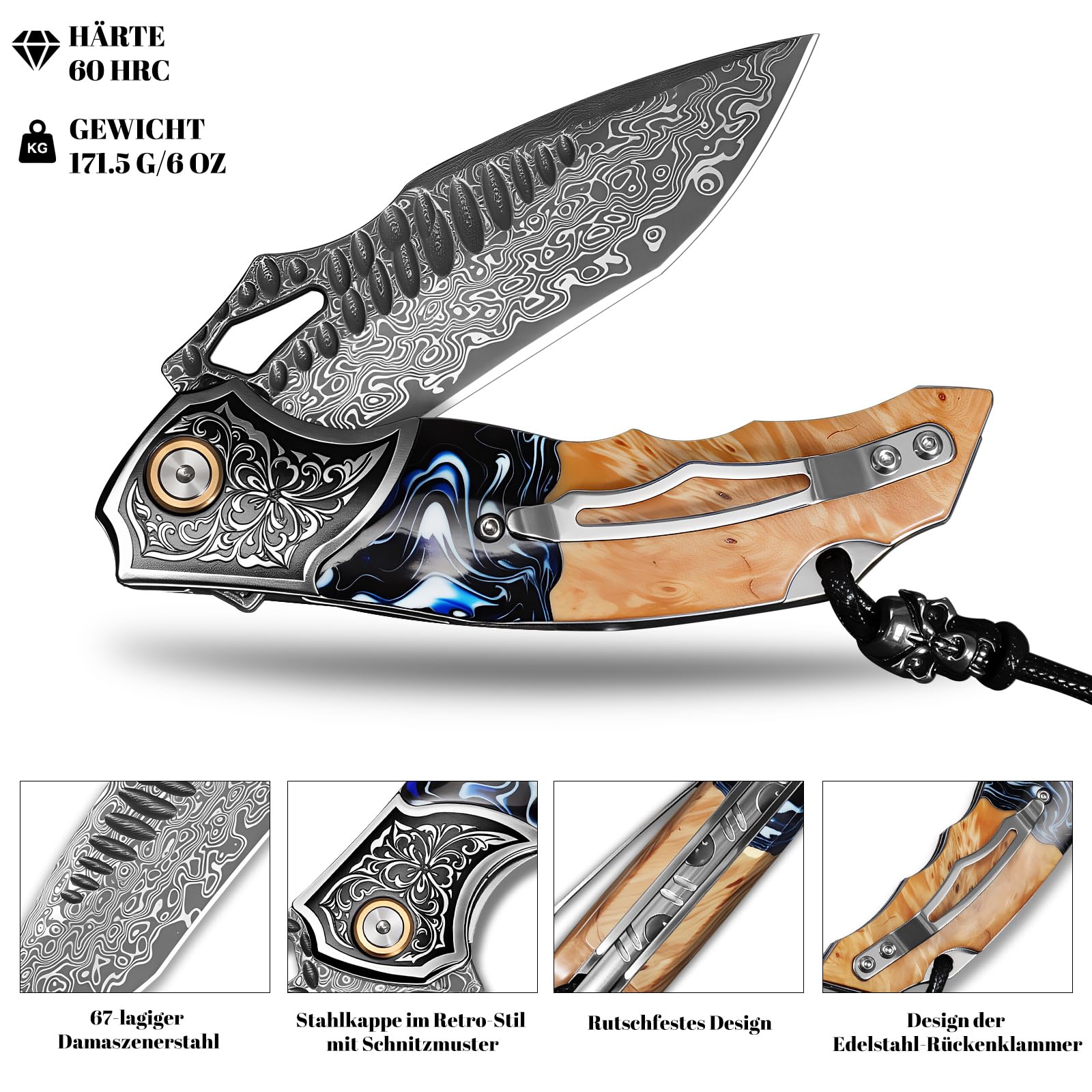 Handgefertigtes Klappmesser aus Damaszenerstahl, 8" EDC-Taschenmesser für Herren, inklusive Lederscheide und Taschenclip, Griff aus Ahornholz mit Harzbeschichtung – ein EDC-Messer, das sich ideal für