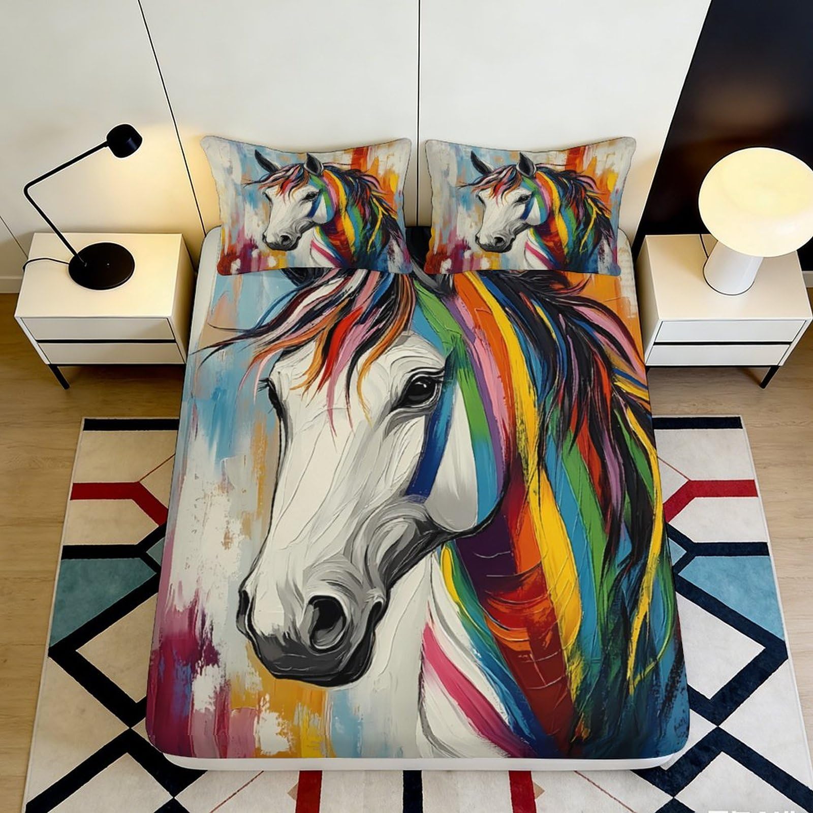 3D Printed Rainbow Horse Fitted Sheet Microfiber Soft Colorful Stallion Bed Cover for Bedroom Dorm Mattress Protection Decor 90x200x25cm
