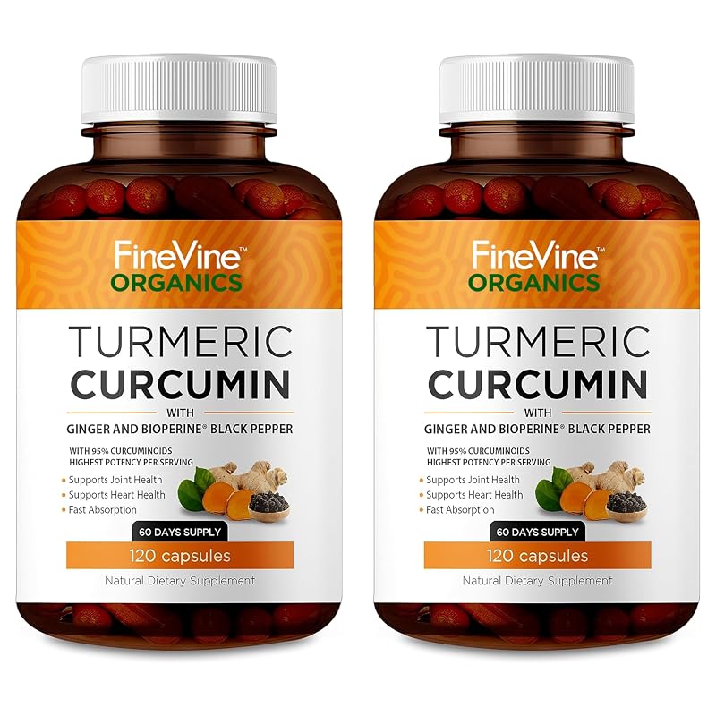 FineVine Organics Suplemento de Curcumina com 95% de Curcuminoides, Pimenta-preta e Gengibre, 240 cápsulas