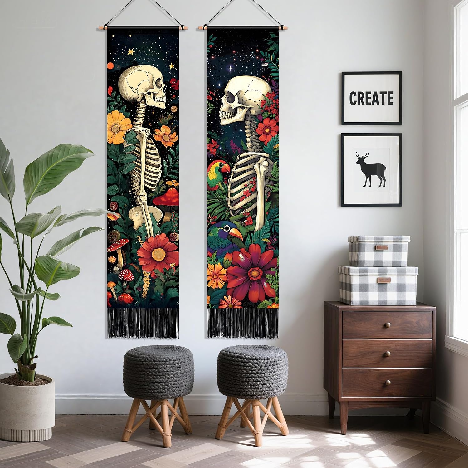 BSFHH 2 Pack of Tapestry Halloween Retro Floral Skull Bedroom Wall Hanging Decor Moon landscape Ink Painting Poster Sea mushroom Vertical Aesthetic Art Room Tapestries