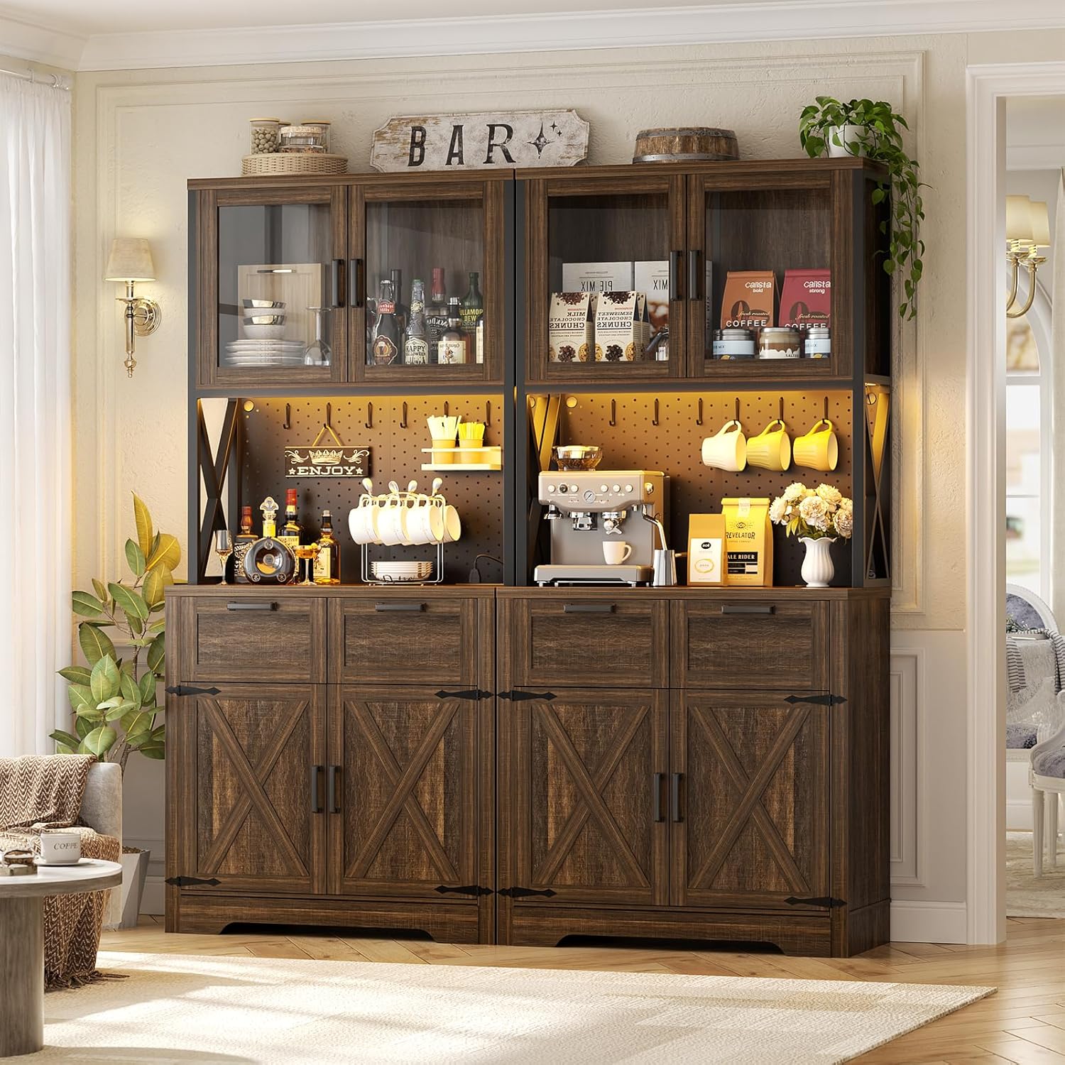 Unikito 71" Tall Kitchen Pantry Storage Cabinet with LED Light & Outlet, 63" Wide Kitchen Hutch Cabinet with Large Countertop, DIY Pegboard and Drawers, Food Pantry for Living Room,Weathered Brown