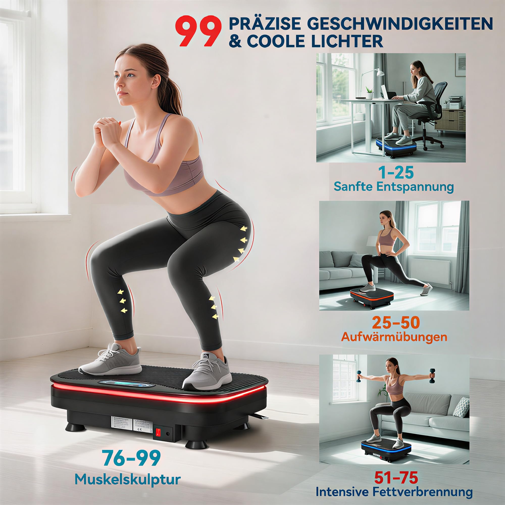 SPORTNOW Vibrationsplatte mit 99 Intensitätsstufen 3 Vorprogrammierte Modi