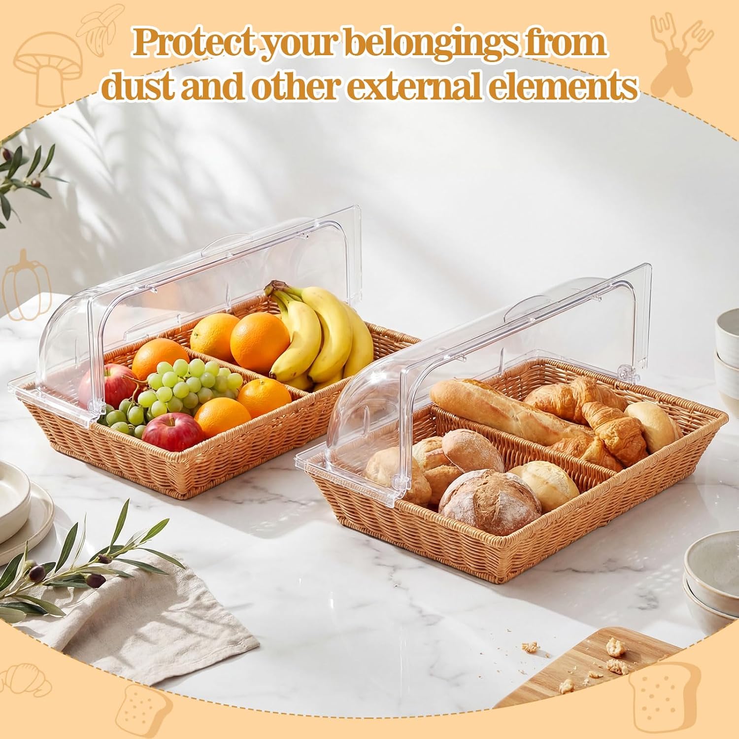 2 Set Wicker Bread Baskets for Serving with Clear Acrylic Roll Top Lid Woven Rattan Bread Basket Large for Fruit Food Easter Baby Shower Birthday Party Picnic(21.26 x 13 Inch,2 Compartment)