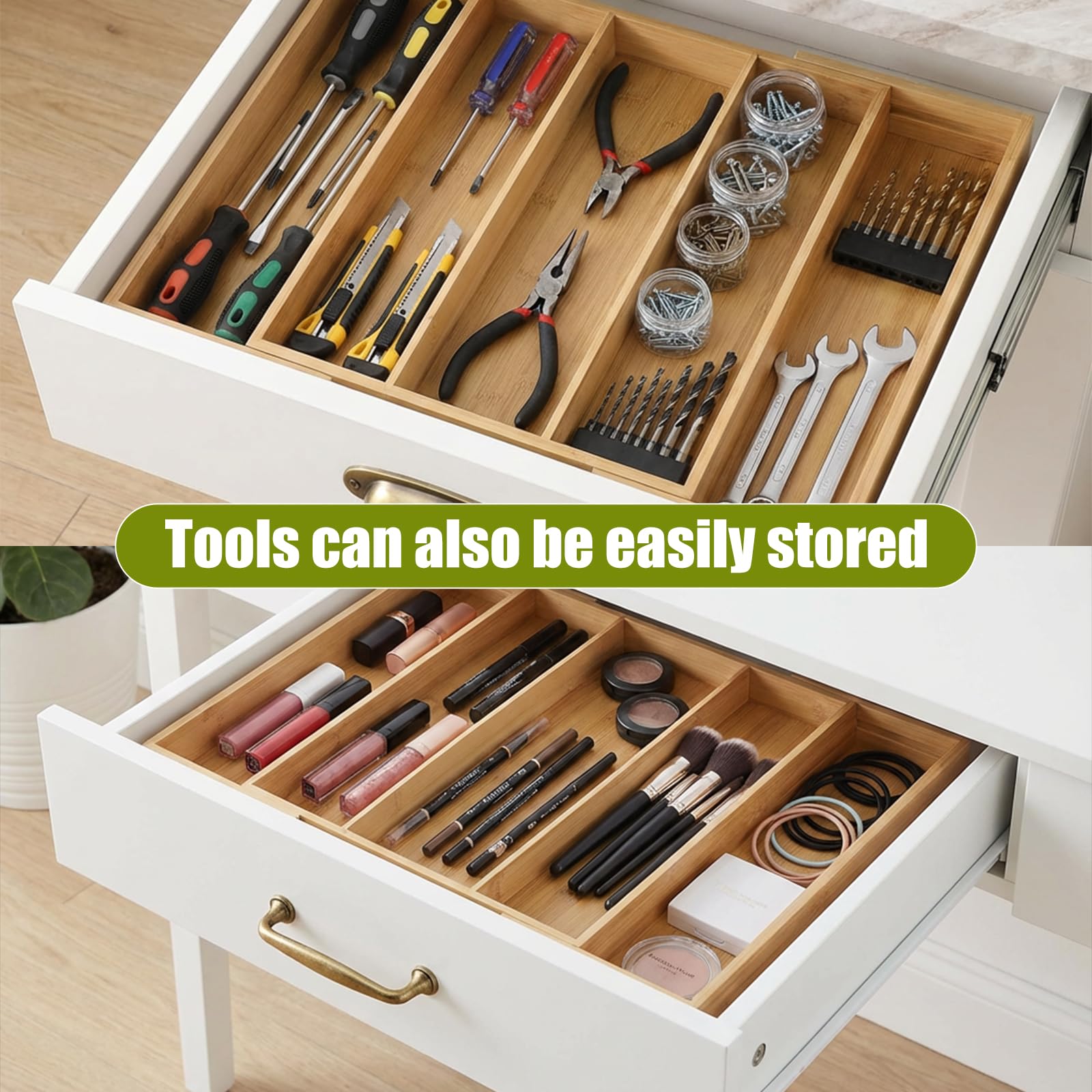 Erweiterbarer Schubladen-Organizer aus Bambus, 34 cm bis 52,1 cm, verstellbares Bestecktablett für Utensilien, Küchenwerkzeug, Schublade, geteilte Organizer, Bambus-Besteck-Organizer