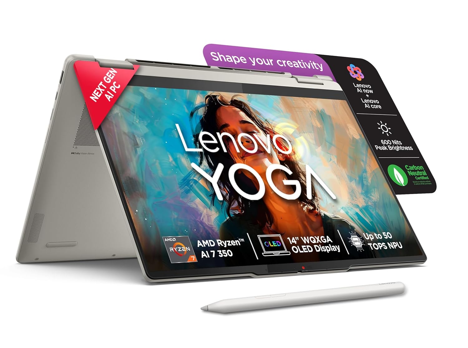 Lenovo Yoga 7 2-in-1 AMD Ryzen AI 7 350 (24GB RAM/1TB SSD/14 (35.5cm)/WUXGA OLED/50 Tops NPU/Copilot+ PC/Windows 11/Office Home 2024/Yoga Pen/1Yr ADP/Seashell/1.38Kg), 83JR001EIN Convertible Laptop
