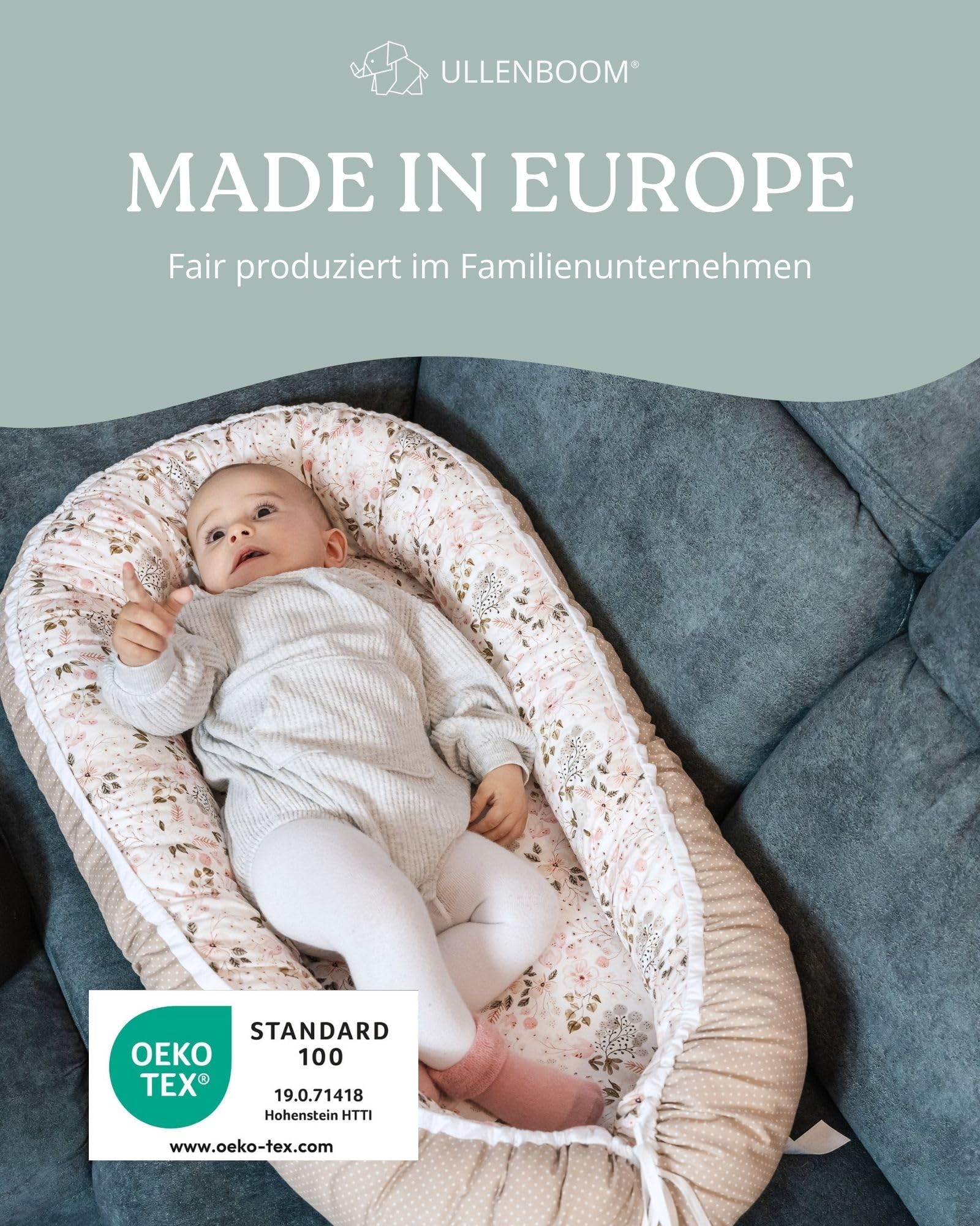 ULLENBOOM Babynest - 100% OEKO-TEX Materialien & Made in EU, Rosa Blüten - Babynestchen Neugeborene aus kuscheliger Baumwolle, Ideal als Reisebett & Kuschelnest geeignet