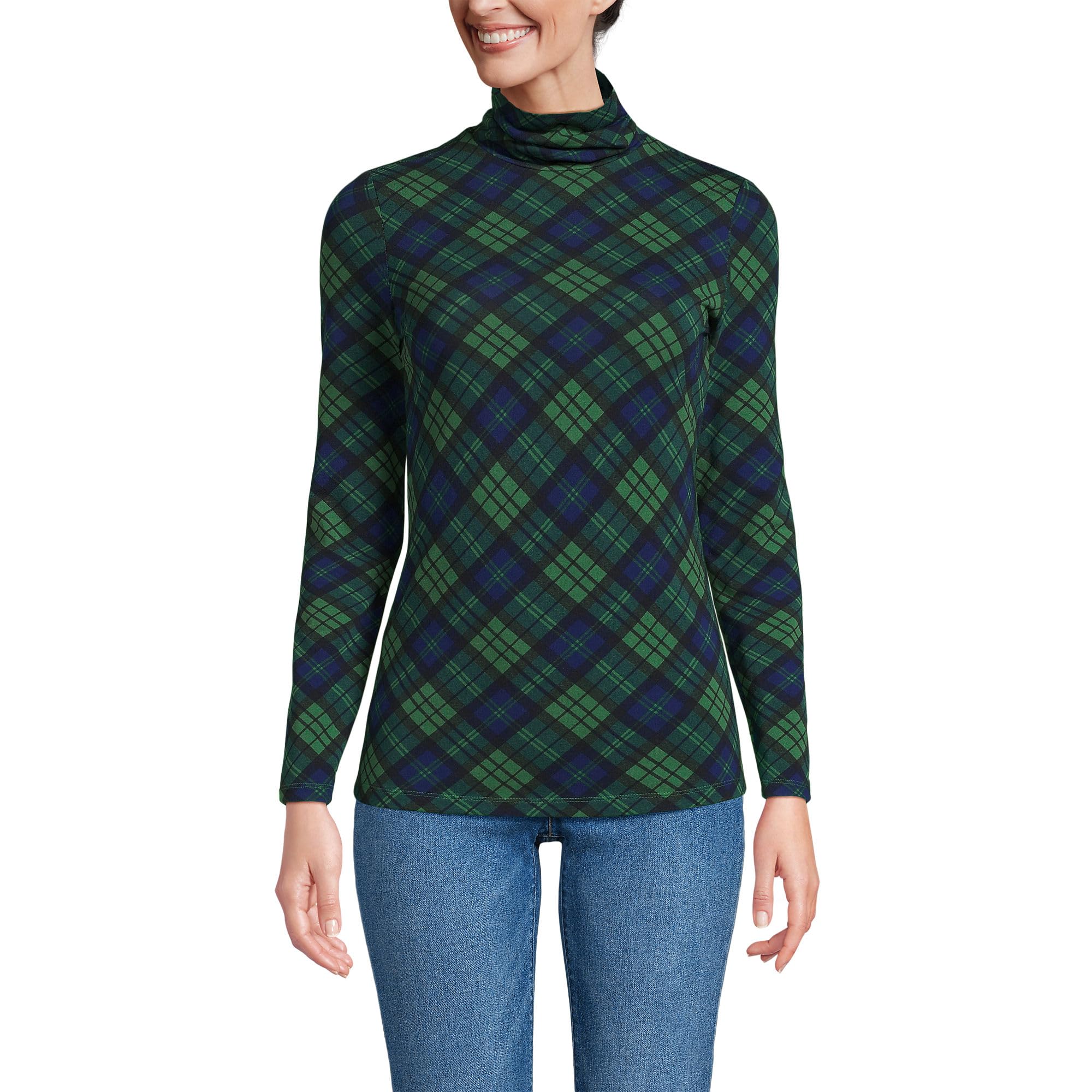Lands' End Womens Long Sleeve Shaped LWCM Turtleneck Light Emerald Blackwatch Plaid Regular Large