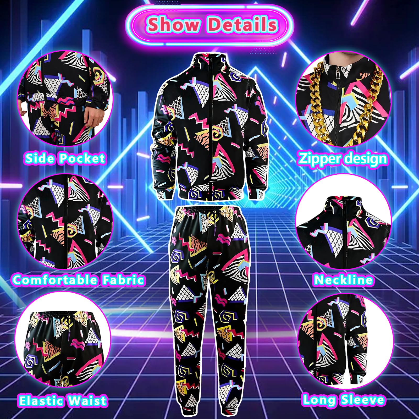 Traje deportivo de los años 80 y 90 para hombre, rompevientos de hip hop, ropa deportiva de discoteca de los años 90 para fiestas, disfraz de los años 80 para adultos, 8 piezas
