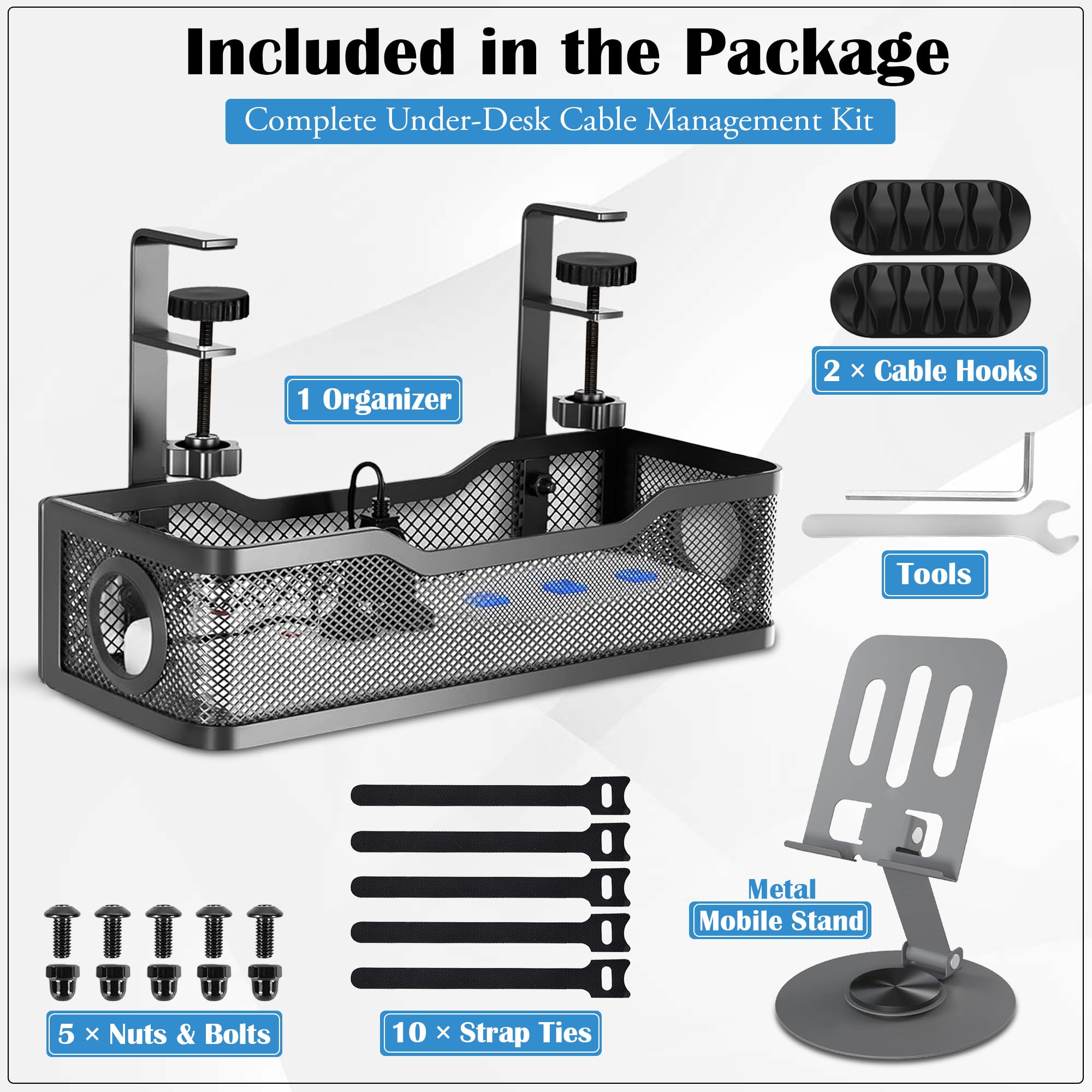 MOREBLUE® Metal Under Desk Cable Tray with Adjustable Clamp & Mobile Stand, Wire Rack for Power Cord, Extension Board & Cable, Includes Cable Holder, Velcro Strips, Screws & Allen Key — Amazon image 2