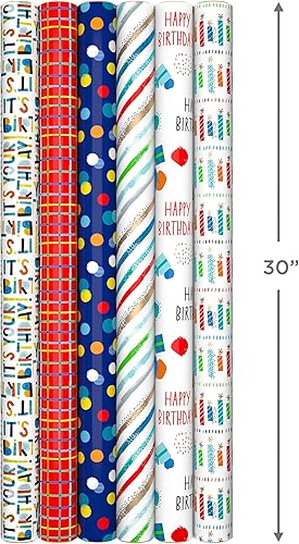 Miniatura 7 de Hallmark Paquete de papel de regalo colorido con líneas de corte en el reverso (6 rollos 115 pies cuadrados en total) rojo, azul, amarillo, verde,
